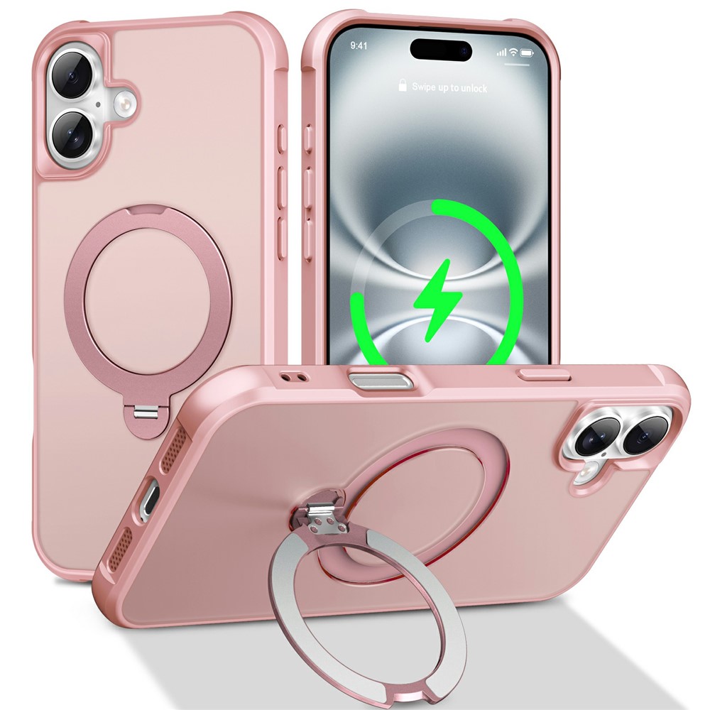 For iPhone 16 Plus Case Compatible with MagSafe Rotatable Kickstand TPU + PC Shockproof Phone Cover - Pink