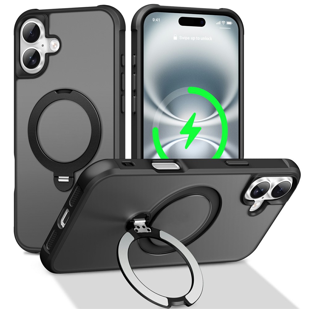 For iPhone 16 Plus Case Compatible with MagSafe Rotatable Kickstand TPU + PC Shockproof Phone Cover - Black
