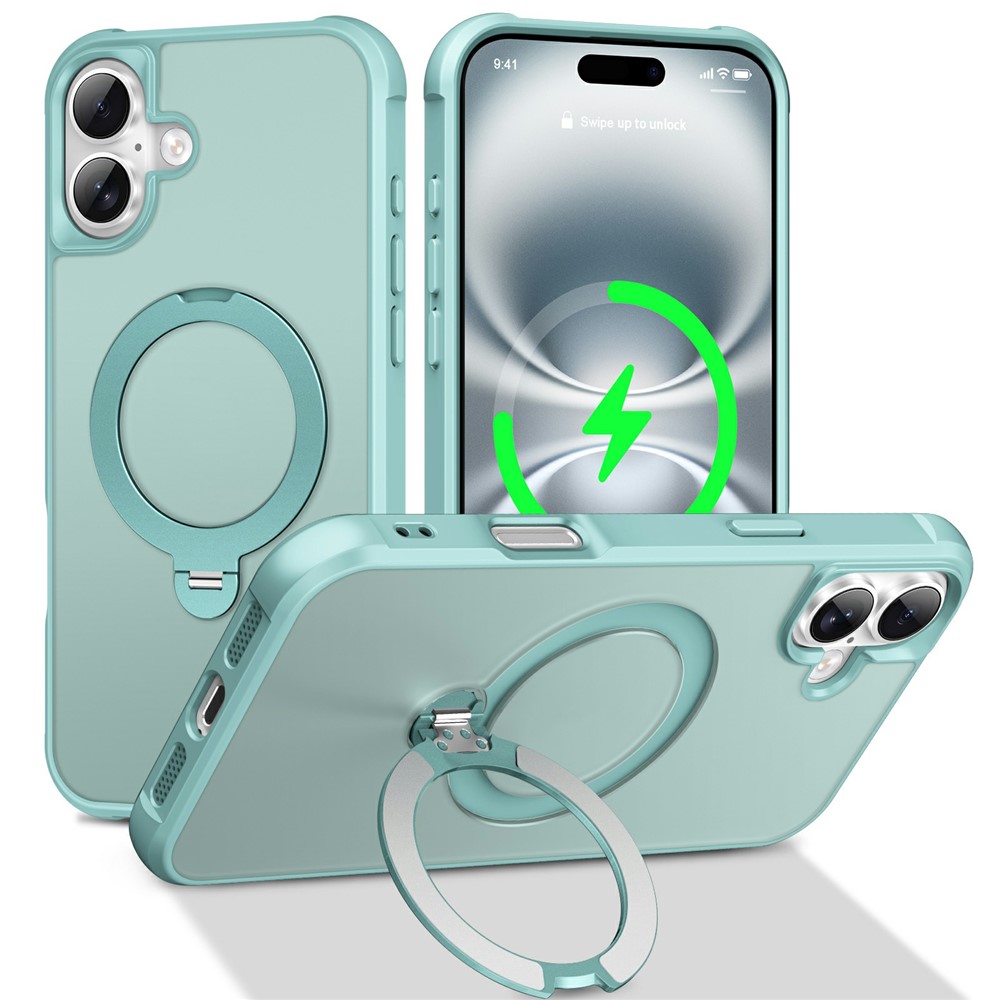For iPhone 16 Plus Case Compatible with MagSafe Rotatable Kickstand TPU + PC Shockproof Phone Cover - Lake Blue