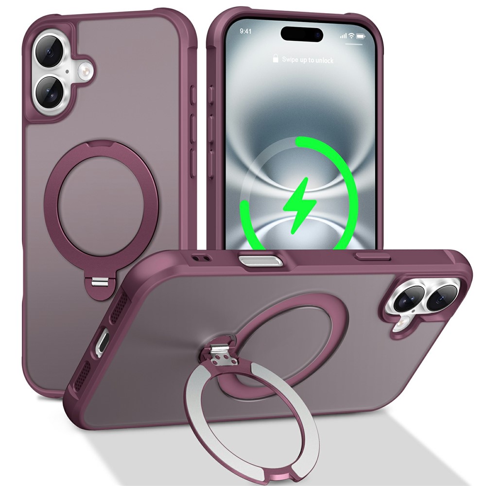 For iPhone 16 Plus Case Compatible with MagSafe Rotatable Kickstand TPU + PC Shockproof Phone Cover - Wine Red