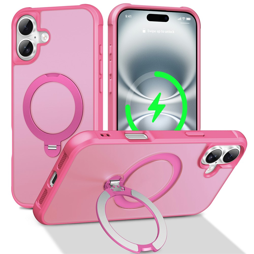 For iPhone 16 Plus Case Compatible with MagSafe Rotatable Kickstand TPU + PC Shockproof Phone Cover - Rose
