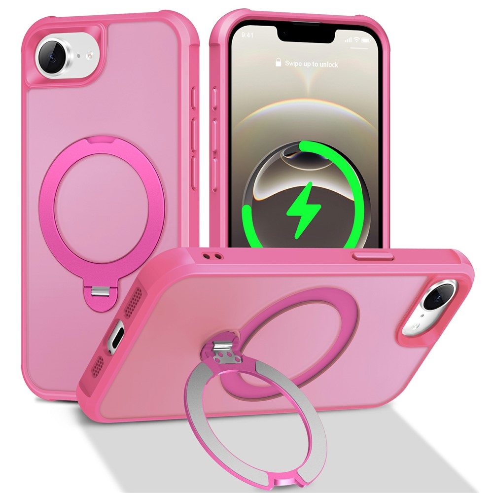 For iPhone 16e Case Compatible with MagSafe Rotatable Kickstand TPU + PC Shockproof Phone Cover - Rose