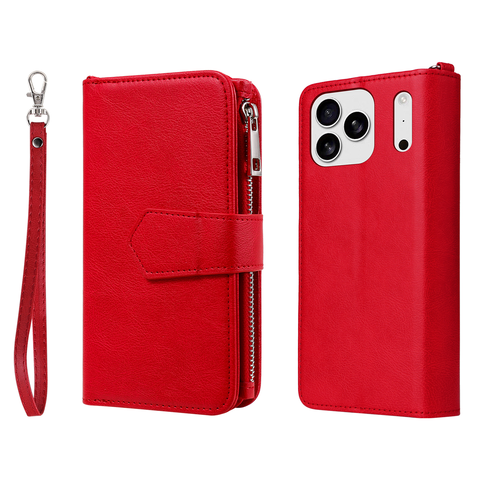 For iPhone 17 Pro Max Magnetic Leather Case Mobile Cover with Detachable Zipper Wallet Strap - Red