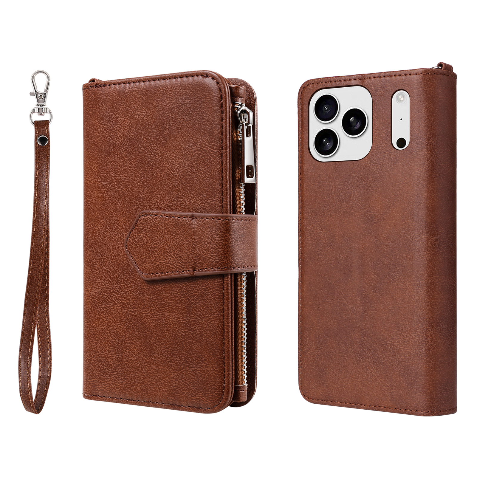 For iPhone 17 Pro Max Magnetic Leather Case Mobile Cover with Detachable Zipper Wallet Strap - Brown