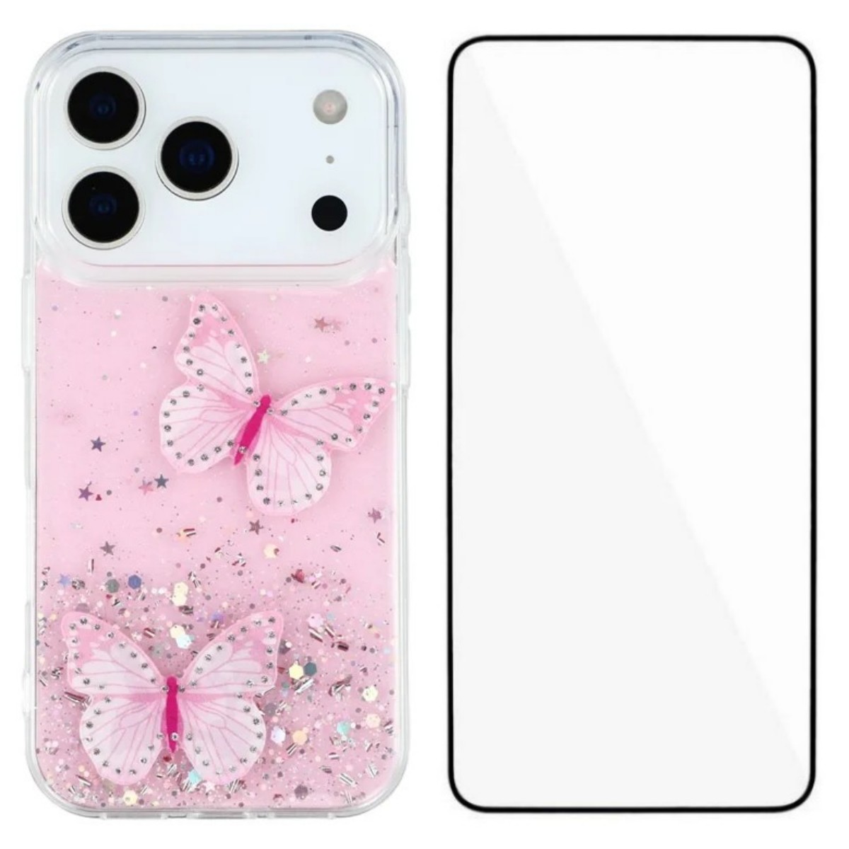 For iPhone 17 Pro Max TPU Case WANLONFENG AW Series PVC Butterfly Epoxy Phone Cover with HD Film - Pink
