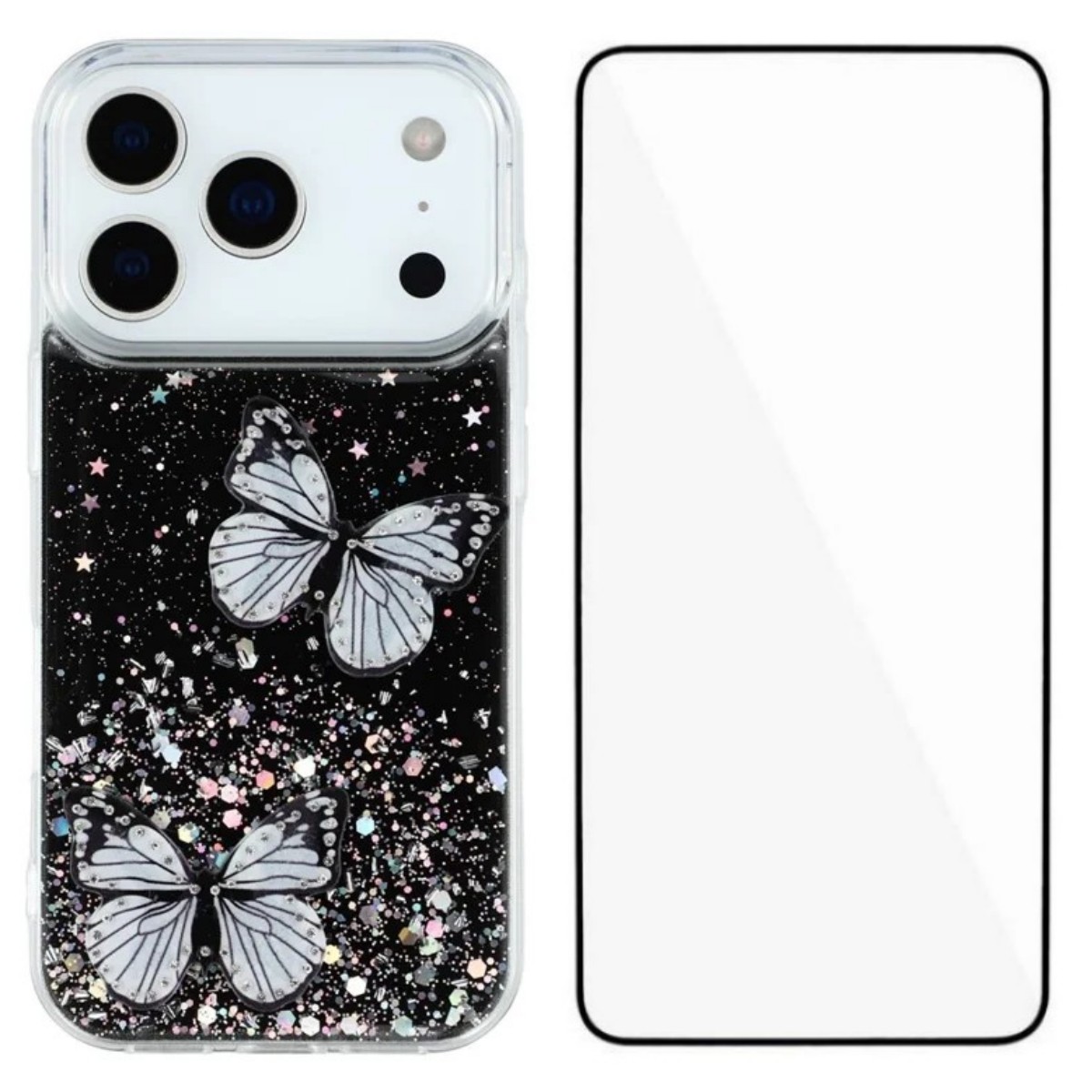 For iPhone 17 Pro TPU Case WANLONFENG AW Series PVC Butterfly Epoxy Phone Cover with HD Film - Black