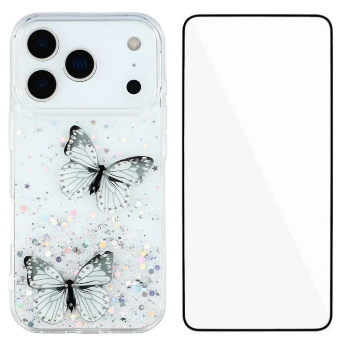 For iPhone 17 Pro TPU Case WANLONFENG AW Series PVC Butterfly Epoxy Phone Cover with HD Film - White