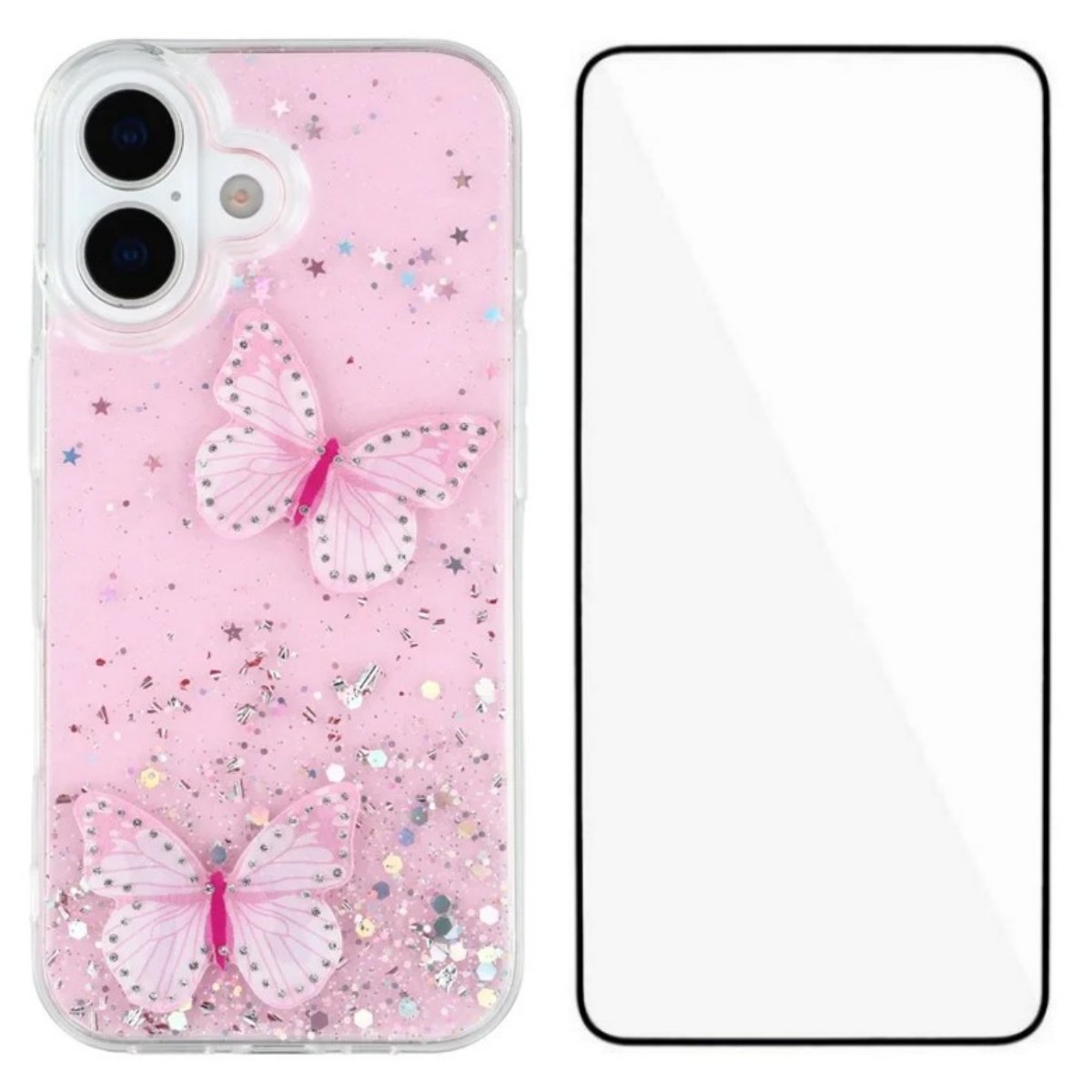 For iPhone 17 TPU Case WANLONFENG AW Series PVC Butterfly Epoxy Phone Cover with HD Film - Pink