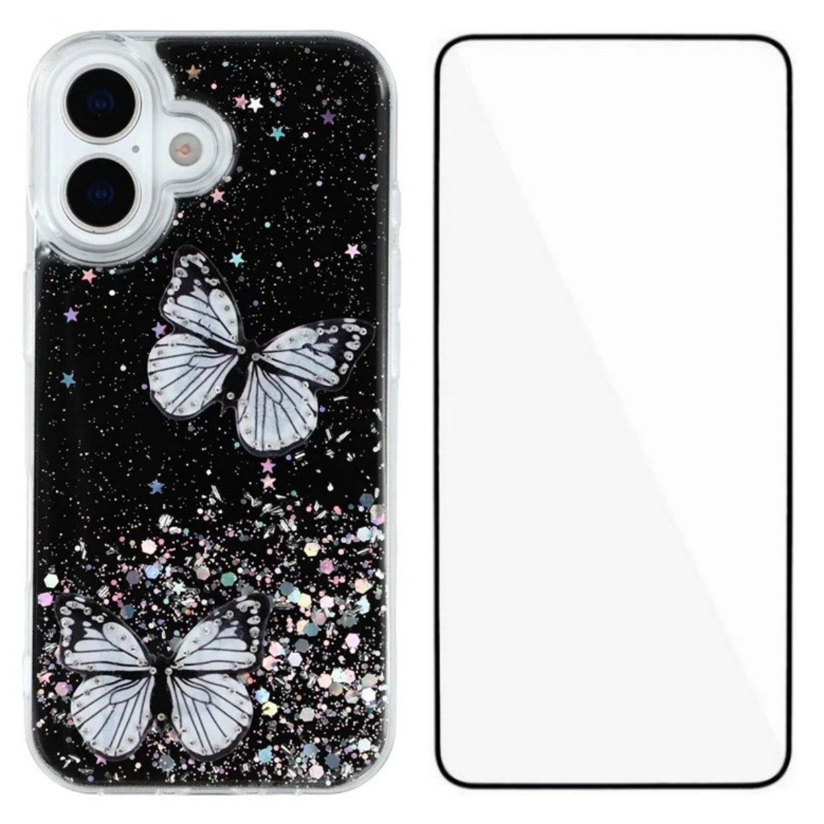 For iPhone 17 TPU Case WANLONFENG AW Series PVC Butterfly Epoxy Phone Cover with HD Film - Black