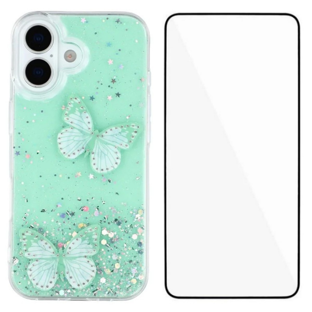 For iPhone 17 TPU Case WANLONFENG AW Series PVC Butterfly Epoxy Phone Cover with HD Film - Green