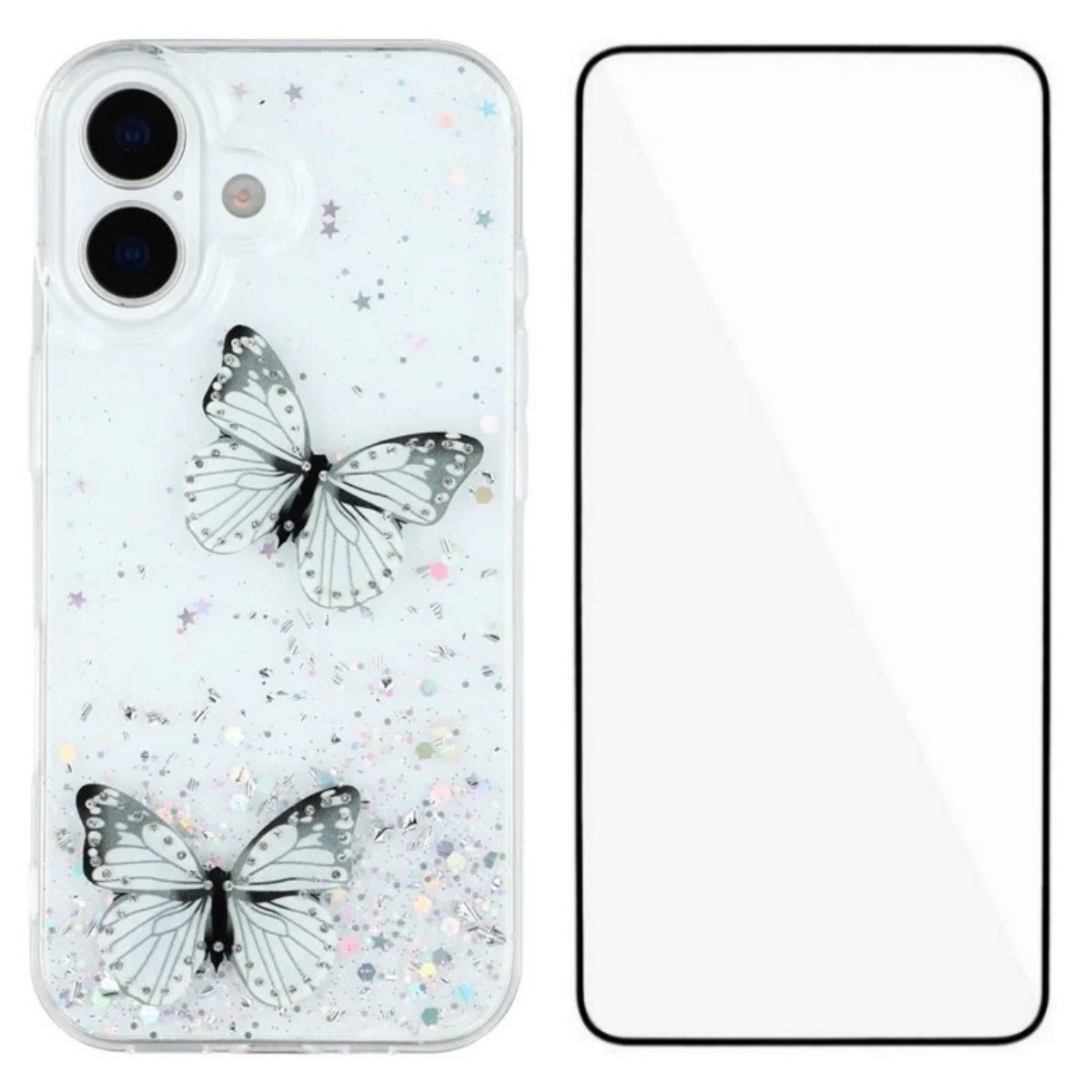 For iPhone 17 TPU Case WANLONFENG AW Series PVC Butterfly Epoxy Phone Cover with HD Film - White