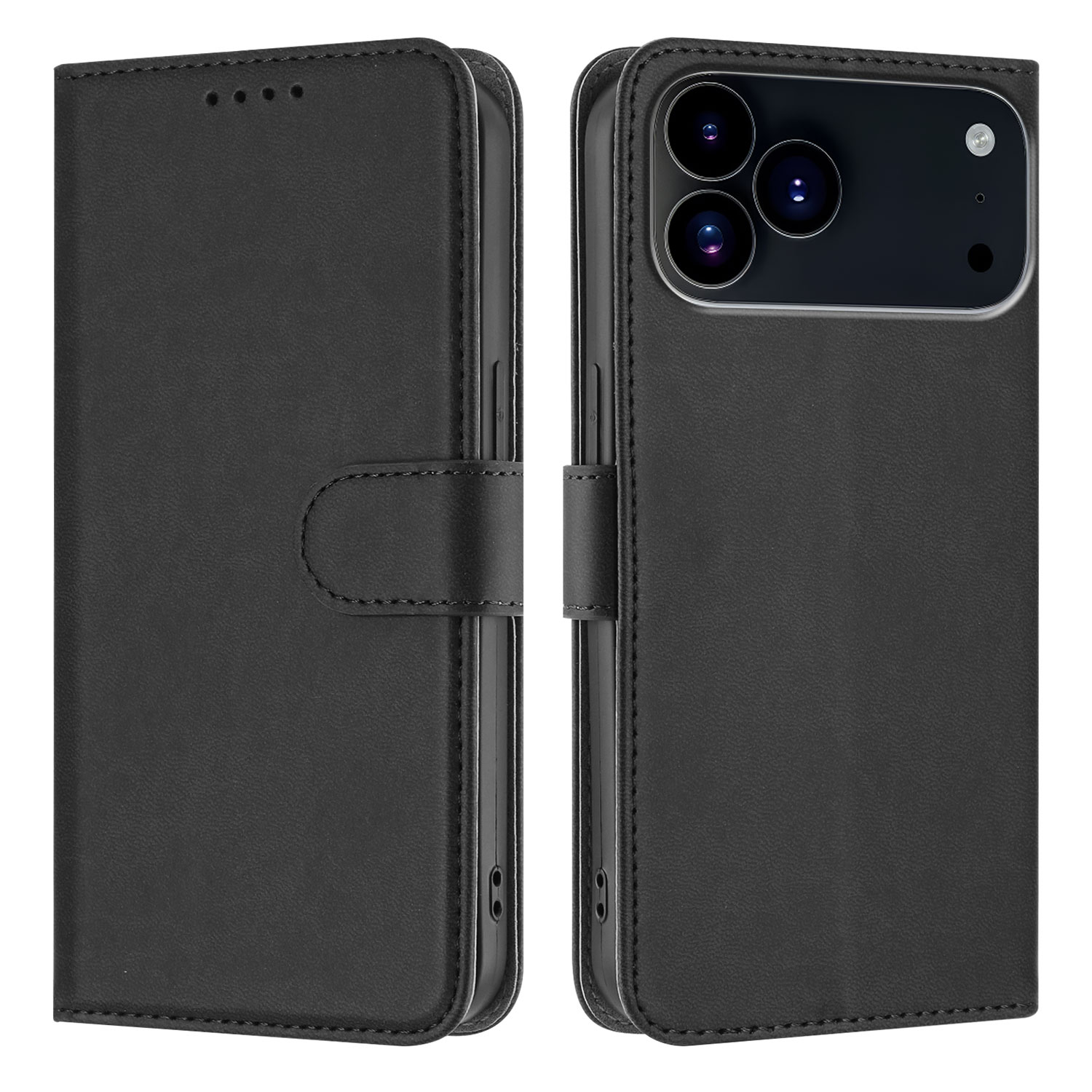 For iPhone 17 Pro Leather Case Solid Color Phone Cover with Wallet - Black