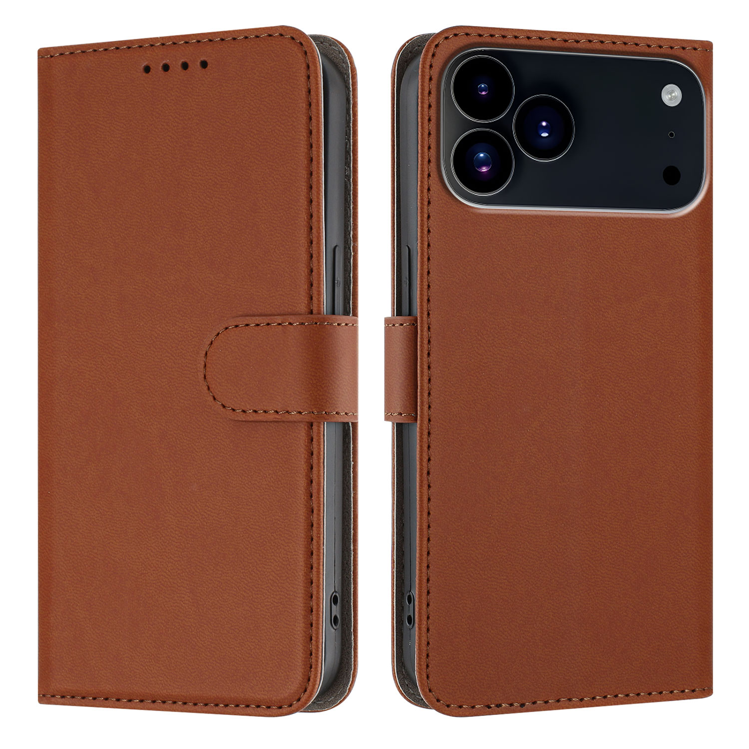 For iPhone 17 Pro Leather Case Solid Color Phone Cover with Wallet - Coffee