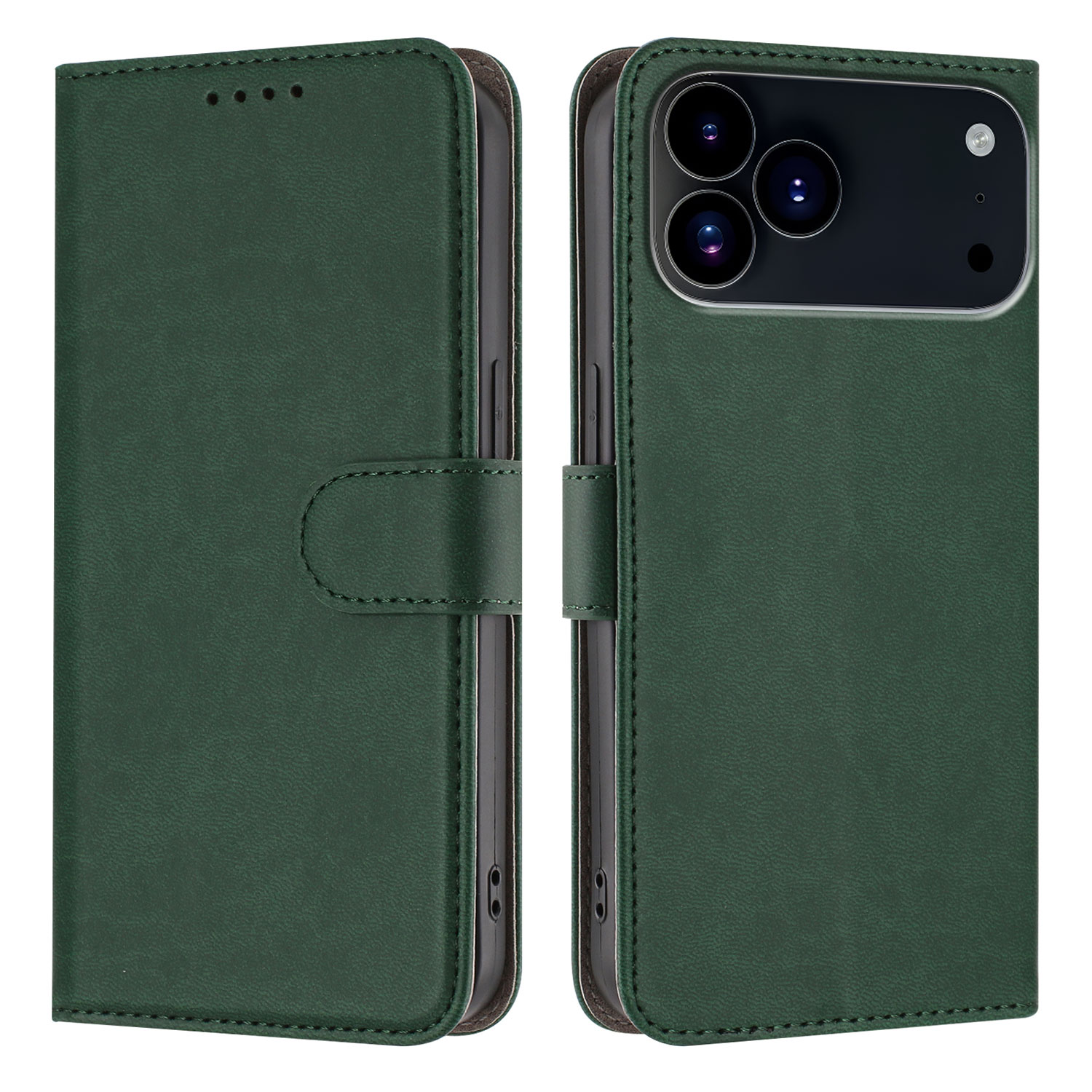 For iPhone 17 Pro Leather Case Solid Color Phone Cover with Wallet - Blackish Green