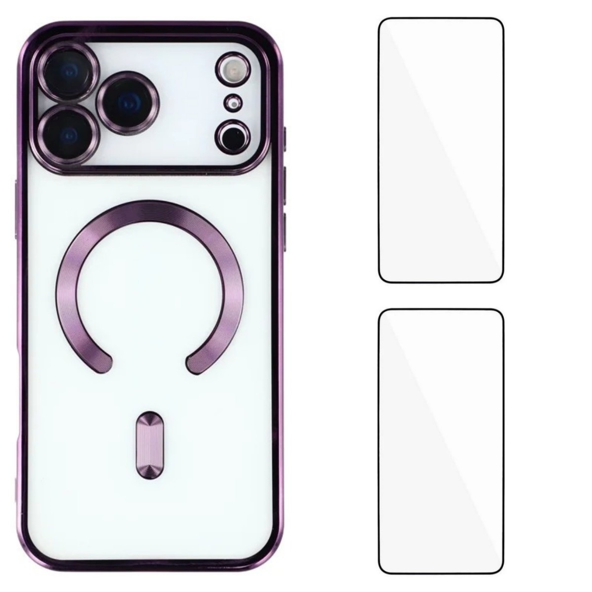 For iPhone 17 Pro Max Magnetic Case WANLONFENG Electroplated TPU Cover with Lens Film + 2Pcs Tempered Glass - Dark Purple