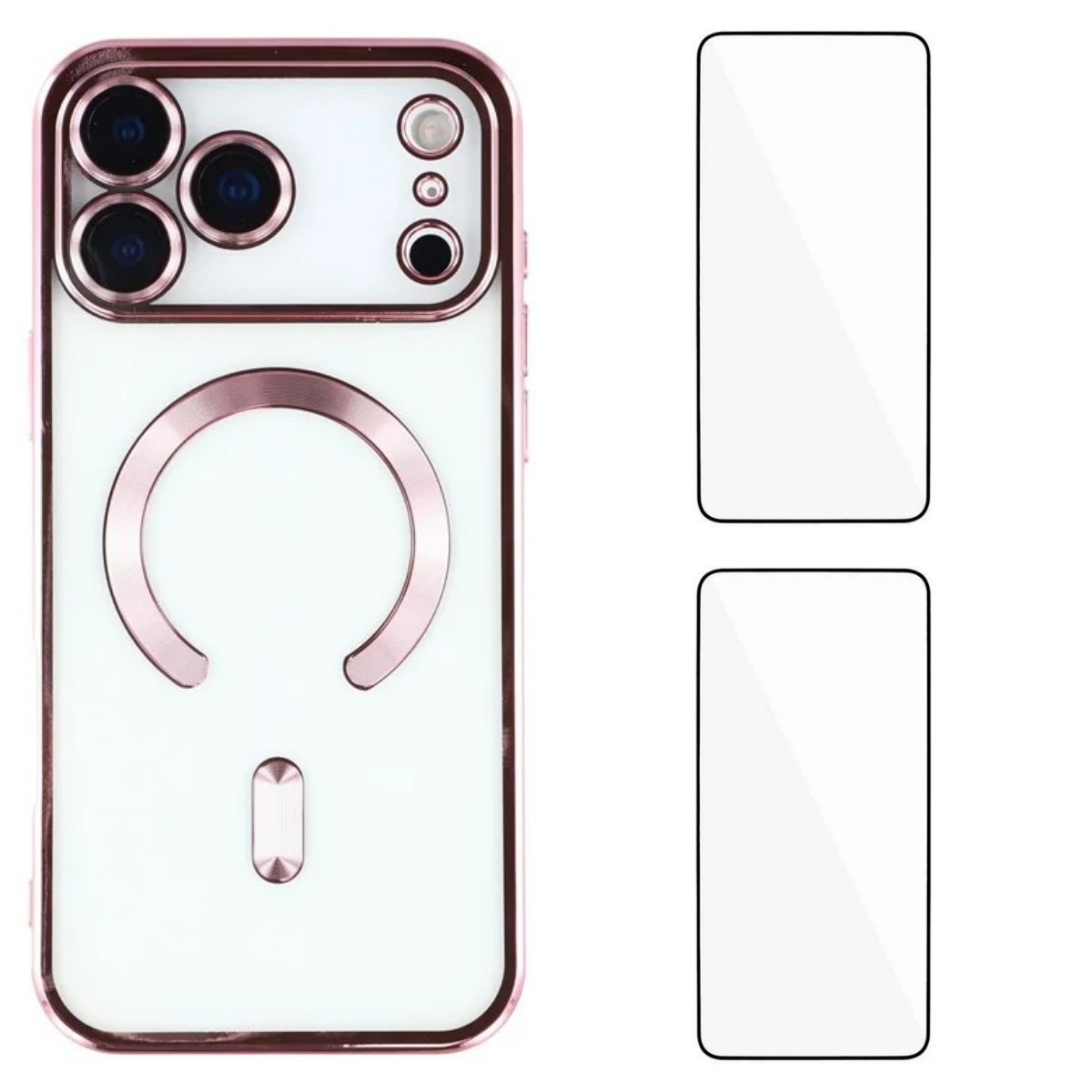 For iPhone 17 Pro Magnetic Case WANLONFENG Electroplated TPU Cover with Lens Film + 2Pcs Tempered Glass - Pink