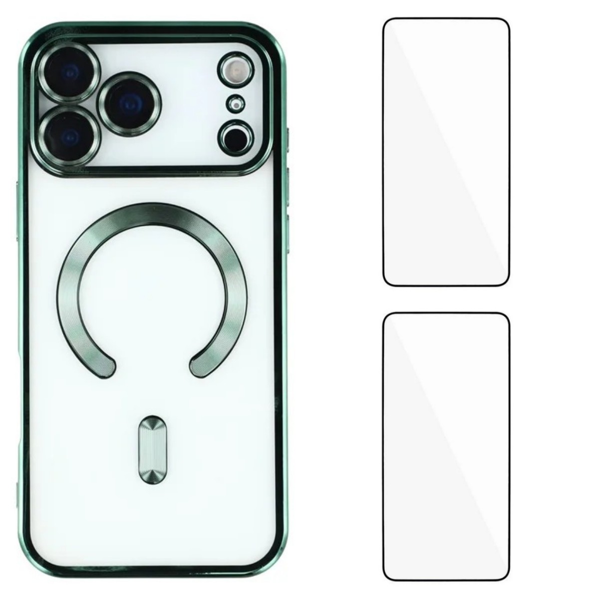 For iPhone 17 Pro Magnetic Case WANLONFENG Electroplated TPU Cover with Lens Film + 2Pcs Tempered Glass - Green