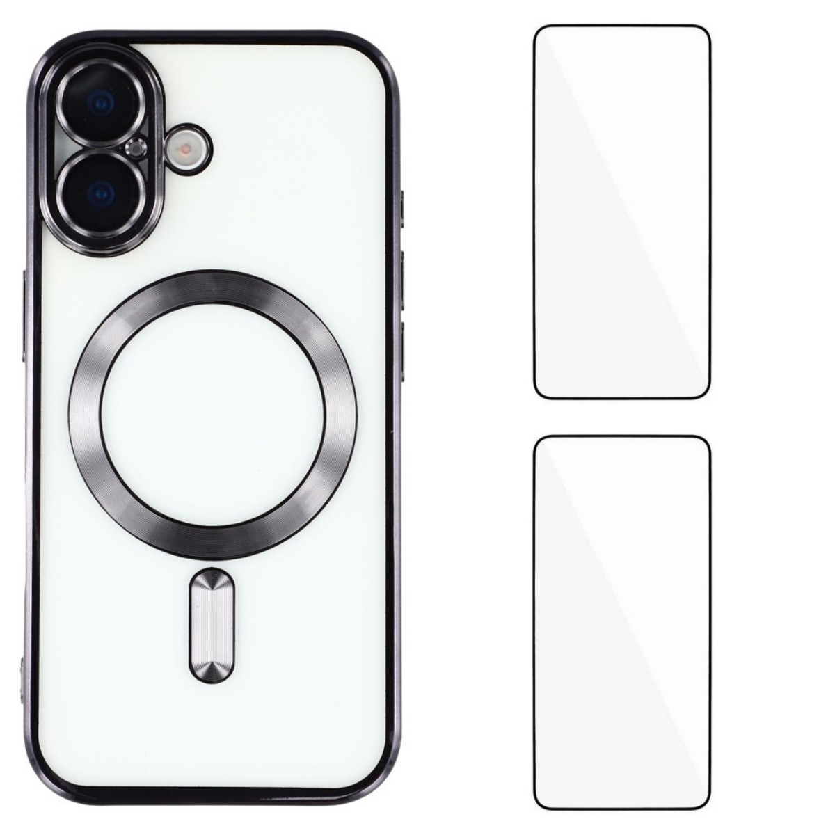 For iPhone 17 Magnetic Case WANLONFENG Electroplated TPU Cover with Lens Film + 2Pcs Tempered Glass - Black