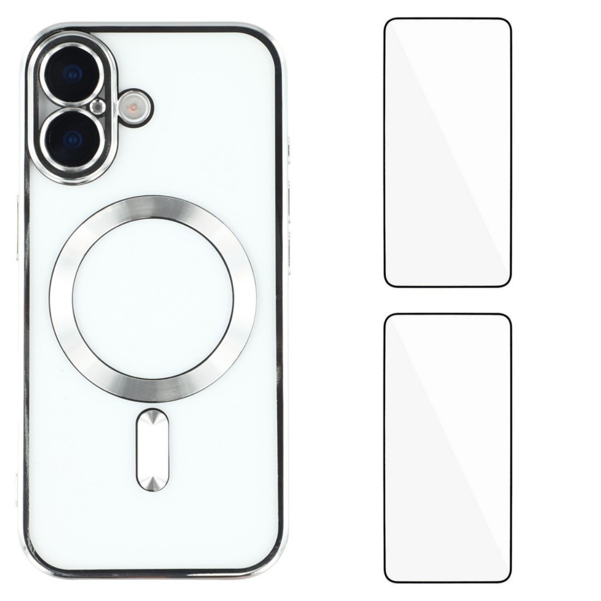 For iPhone 17 Magnetic Case WANLONFENG Electroplated TPU Cover with Lens Film + 2Pcs Tempered Glass - Silver