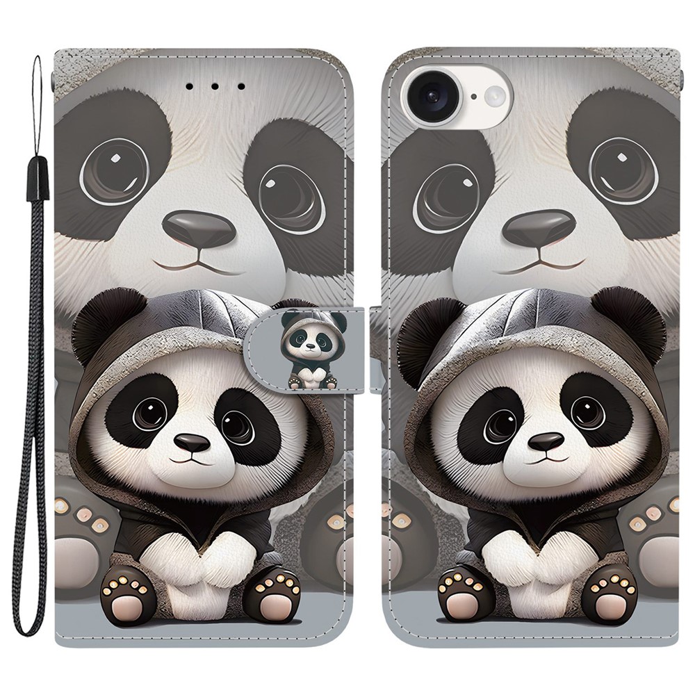 For iPhone 16e Wallet Case Pattern Printing Leather Stand Phone Cover with Strap - Panda
