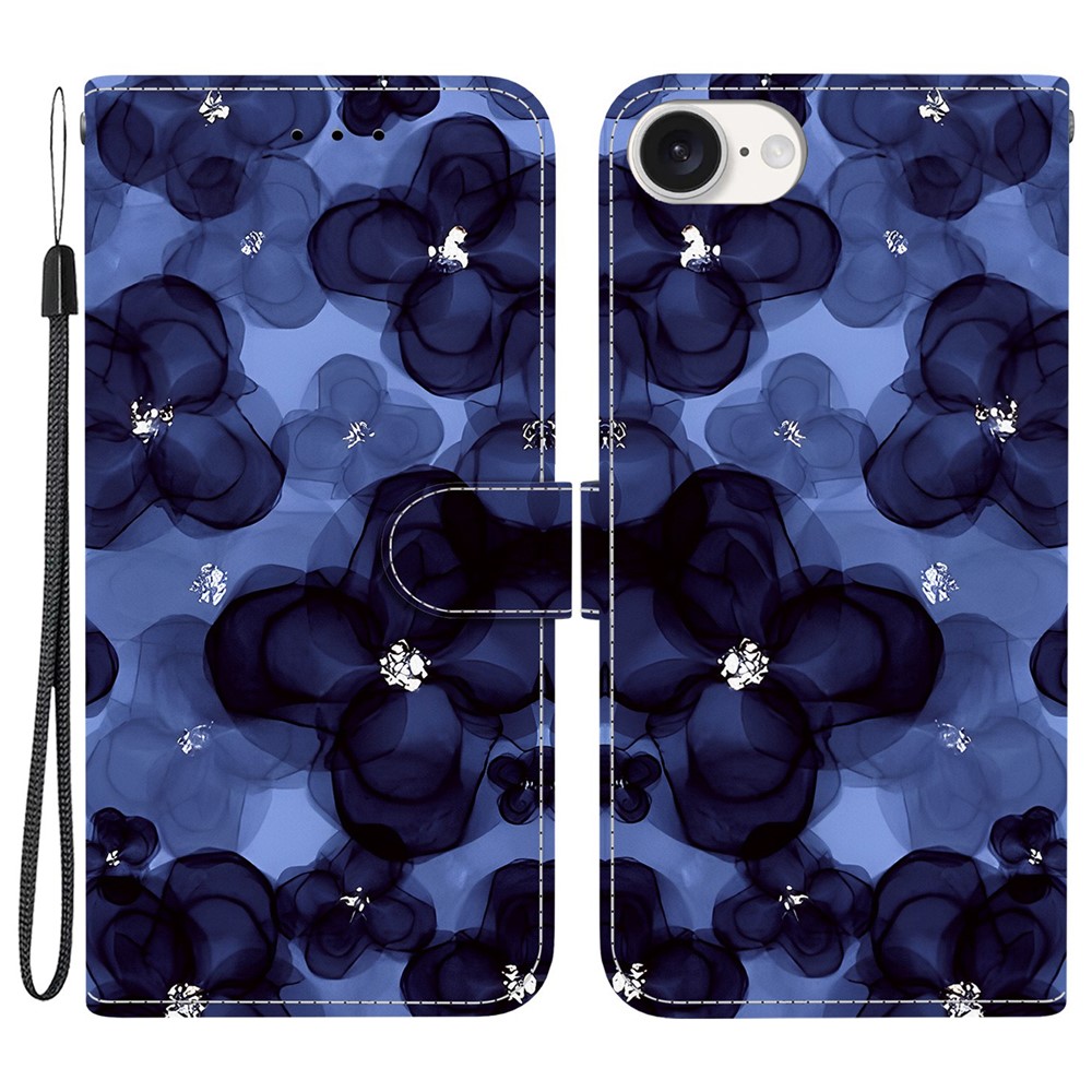 For iPhone 16e Wallet Case Pattern Printing Leather Stand Phone Cover with Strap - Ink Blue Flower