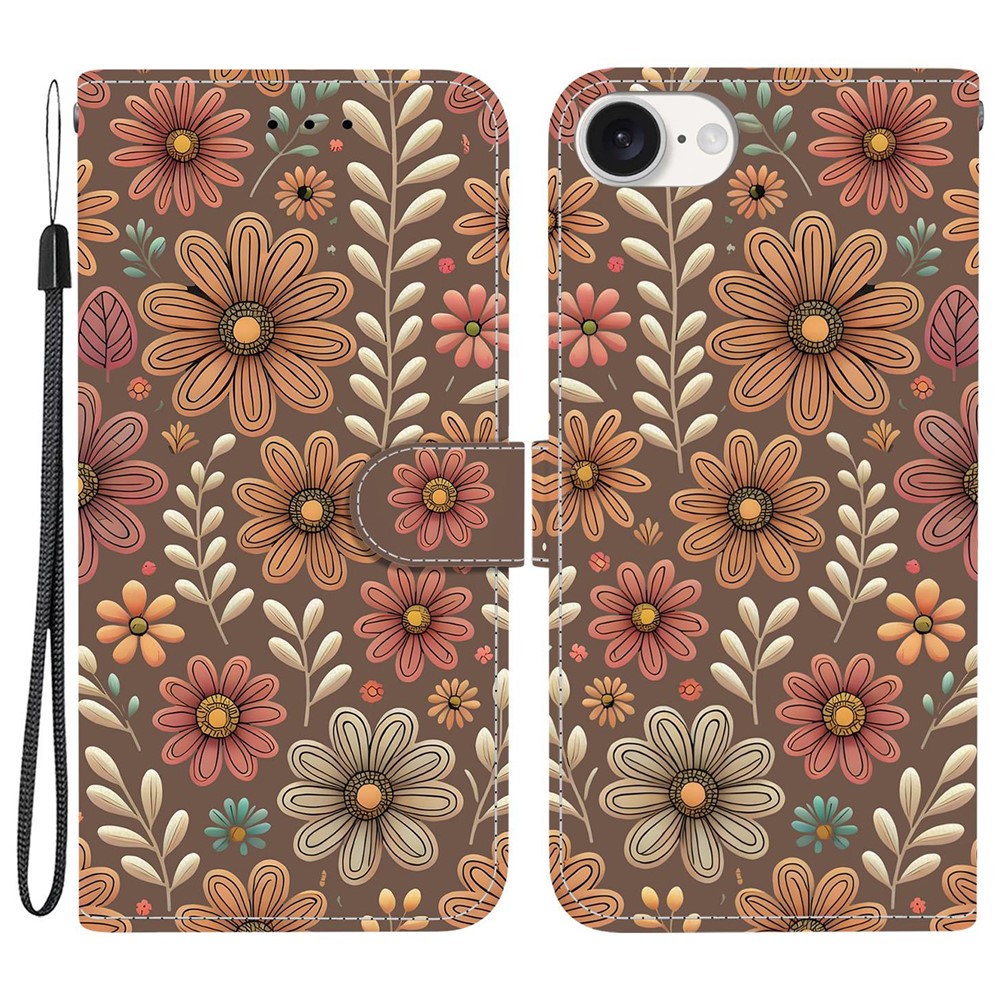 For iPhone 16e Wallet Case Pattern Printing Leather Stand Phone Cover with Strap - Blossom