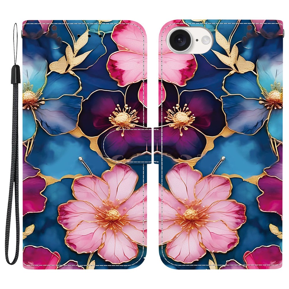 For iPhone 16e Wallet Case Pattern Printing Leather Stand Phone Cover with Strap - Blue Gold Flower