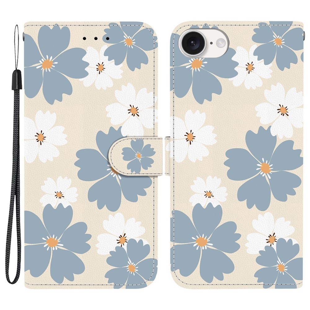 For iPhone 16e Wallet Case Pattern Printing Leather Stand Phone Cover with Strap - Blue Daisy