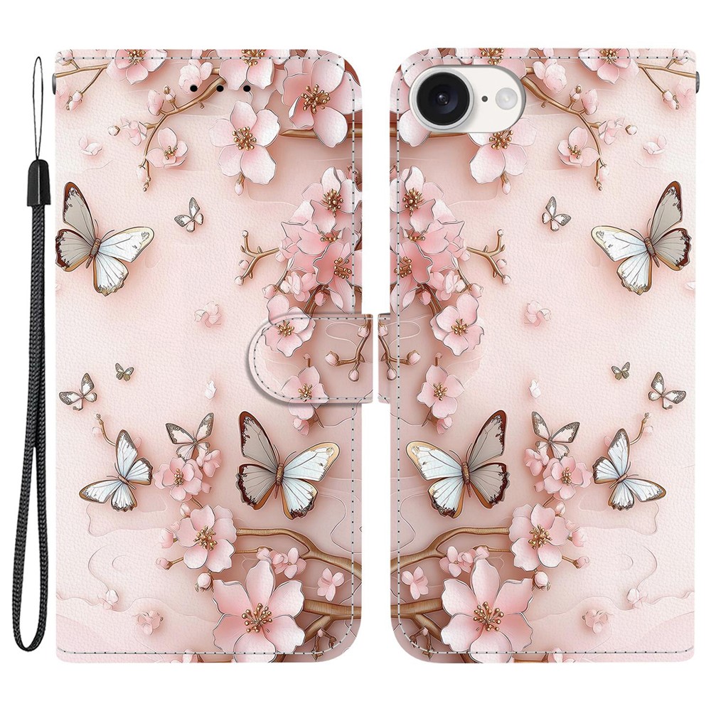 For iPhone 16e Wallet Case Pattern Printing Leather Stand Phone Cover with Strap - Pink Butterfly