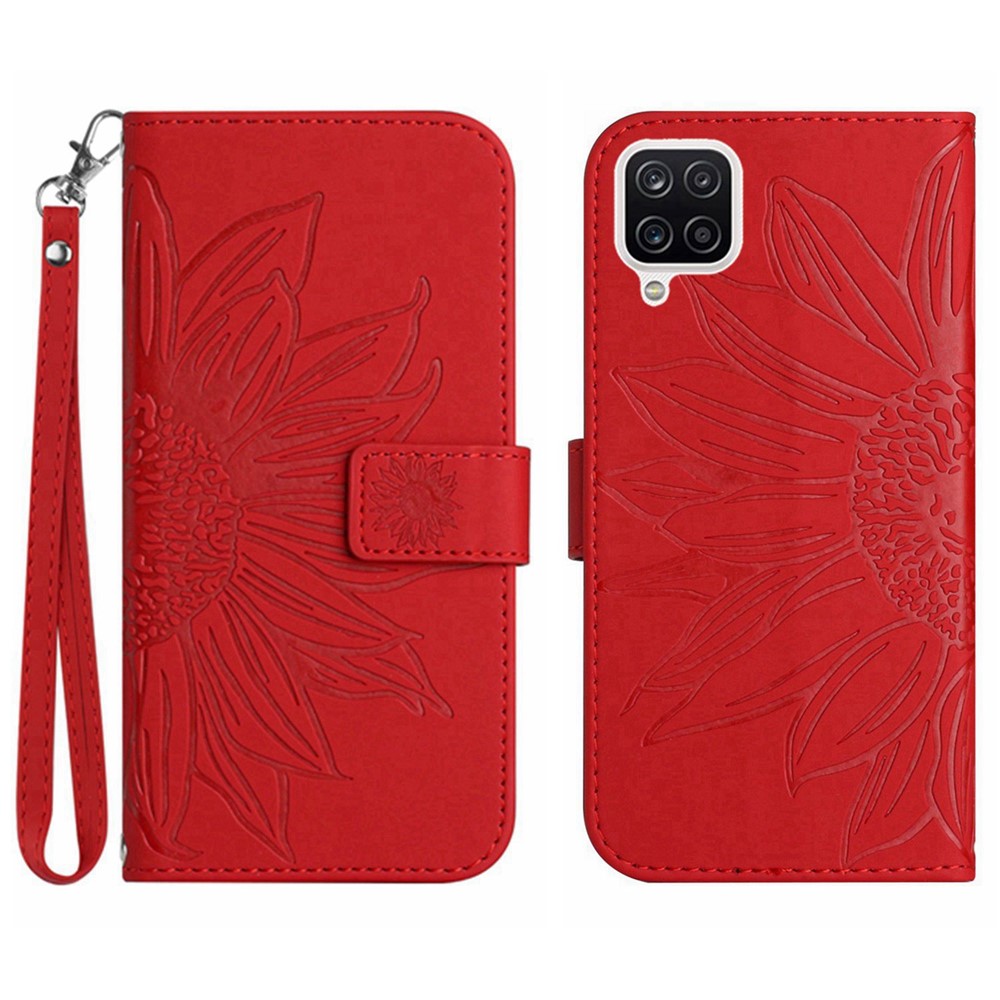 For Samsung Galaxy A22 4G (EU Version) HT04 Skin-Touch Flip Wallet Cover Imprinted Sunflower Full Protection Phone Case Stand with Hand Strap - Red-1