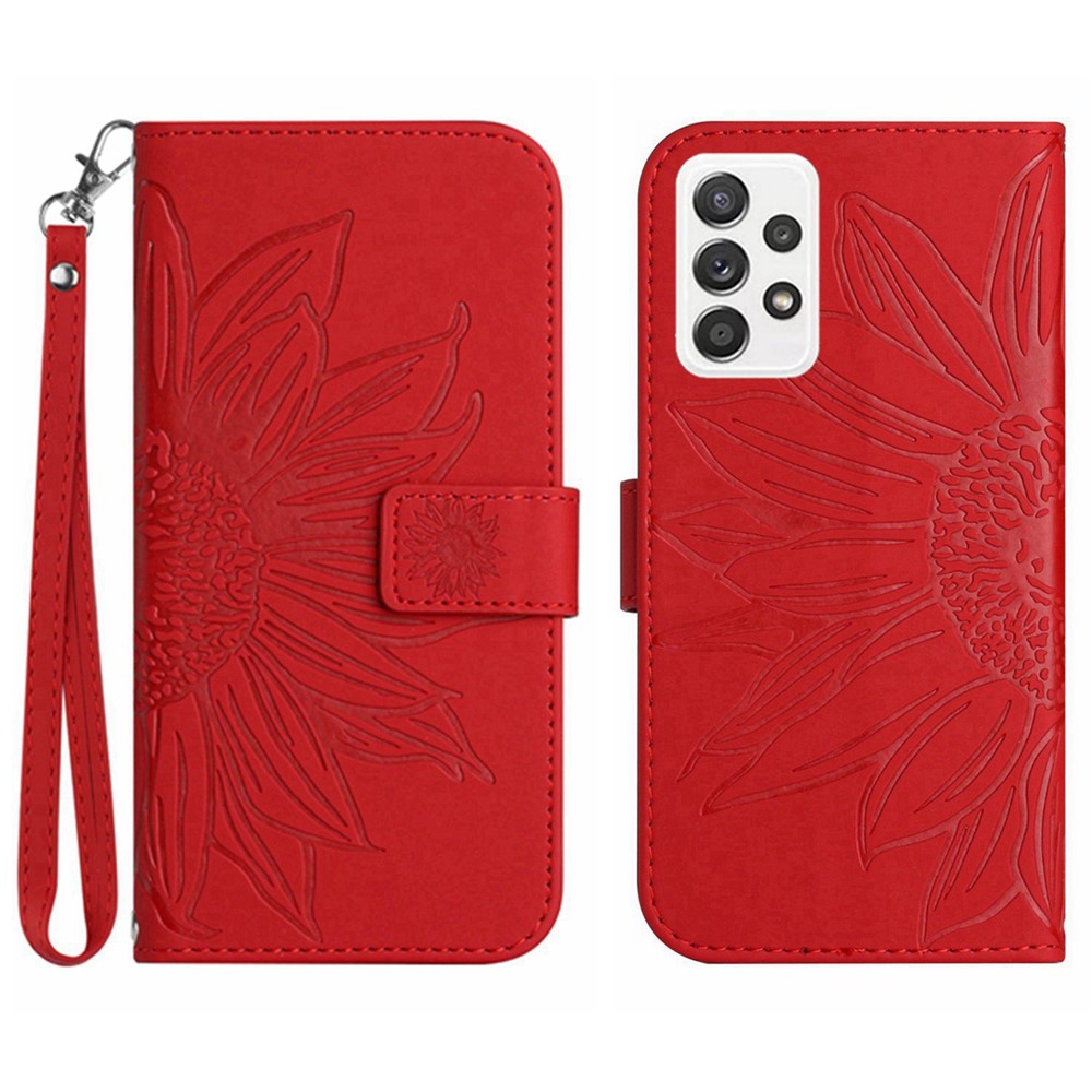 For Samsung Galaxy A33 5G HT04 Imprinted Sunflower PU Leather Drop-proof Phone Case Skin-Touch Magnetic Smartphone Phone Cover Wallet Stand with Strap - Red-1