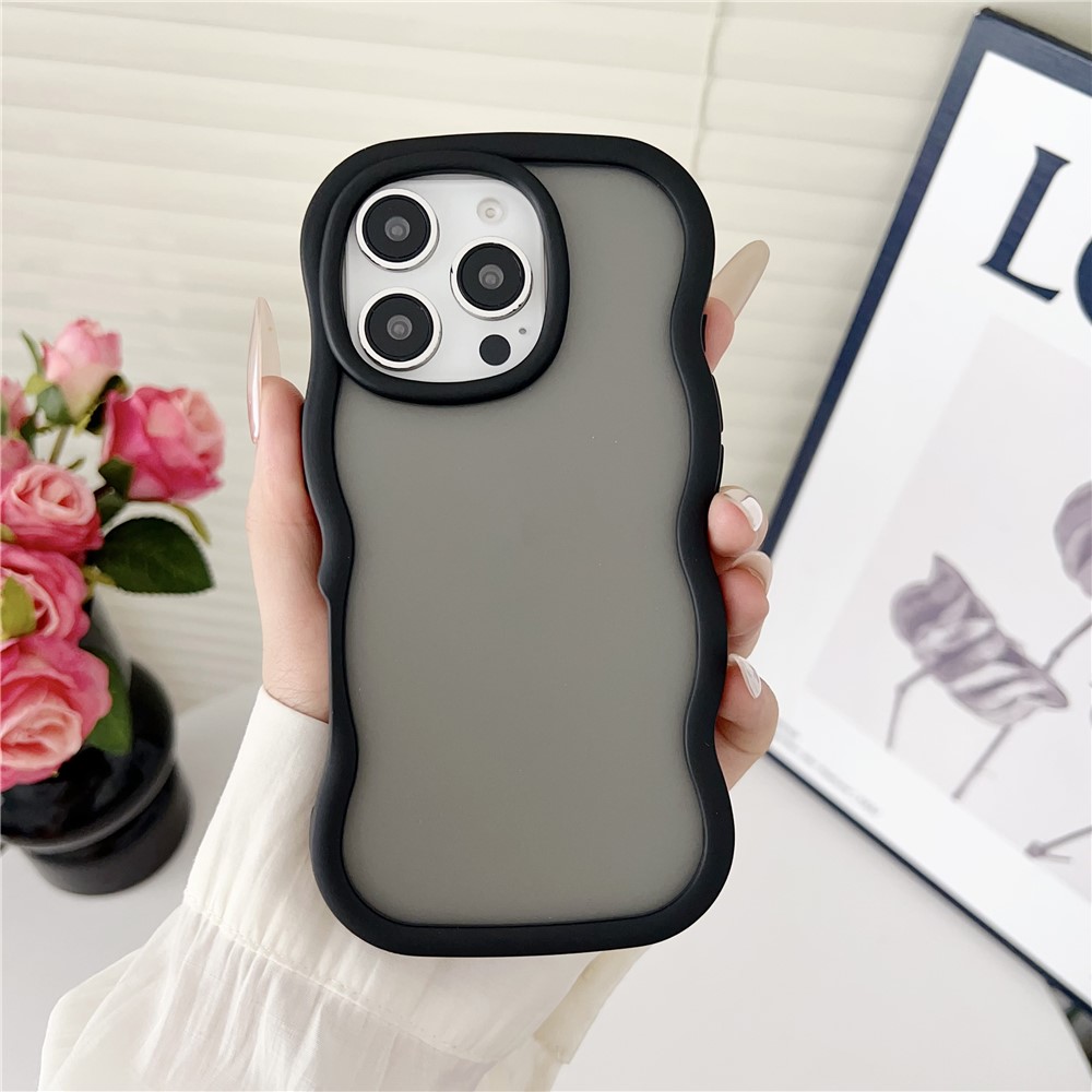 For iPhone 16 Pro Max Case Curly Wave Frame TPU + PC Skin-Touch Translucent Phone Cover - Black