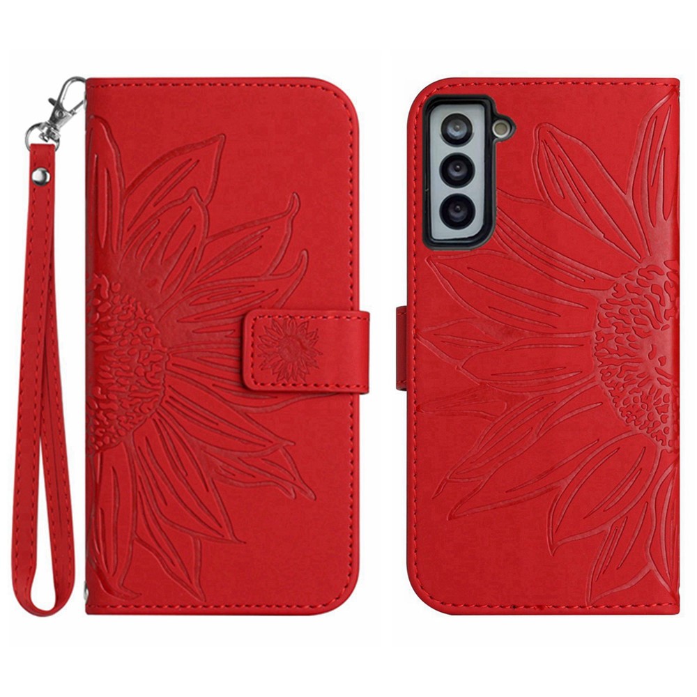 Imprinted Sunflower Phone Cover For Samsung Galaxy S21+ 5G, HT04 PU Leather Wallet Case Skin-Touch Stand Magnetic Closure Protective Shell with Strap - Red-1