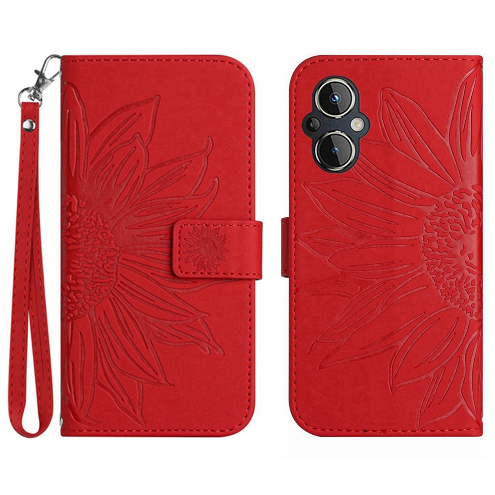 For OnePlus Nord N20 5G / Reno8 Lite 5G / Reno7 Lite 5G / Reno8 Z 5G / Reno7 Z 5G HT04 Phone Case, Fall-proof Skin-Touch PU Leather Imprinted Sunflower Stand Wallet Cover with Hand Strap - Red-1