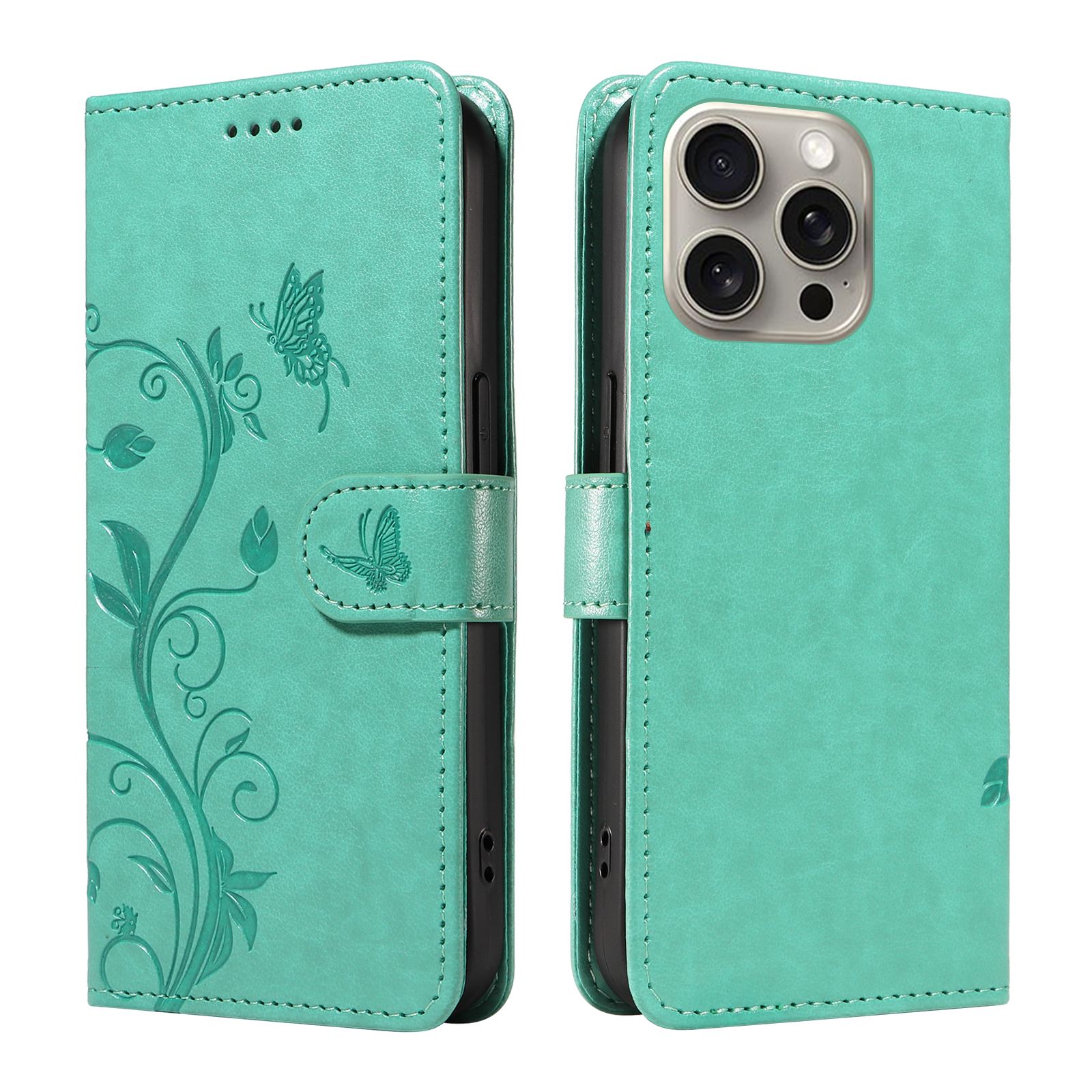 For iPhone 15 Pro Max PU Leather Cases Flower Pattern Wallet Stand Phone Cover with Strap - Green