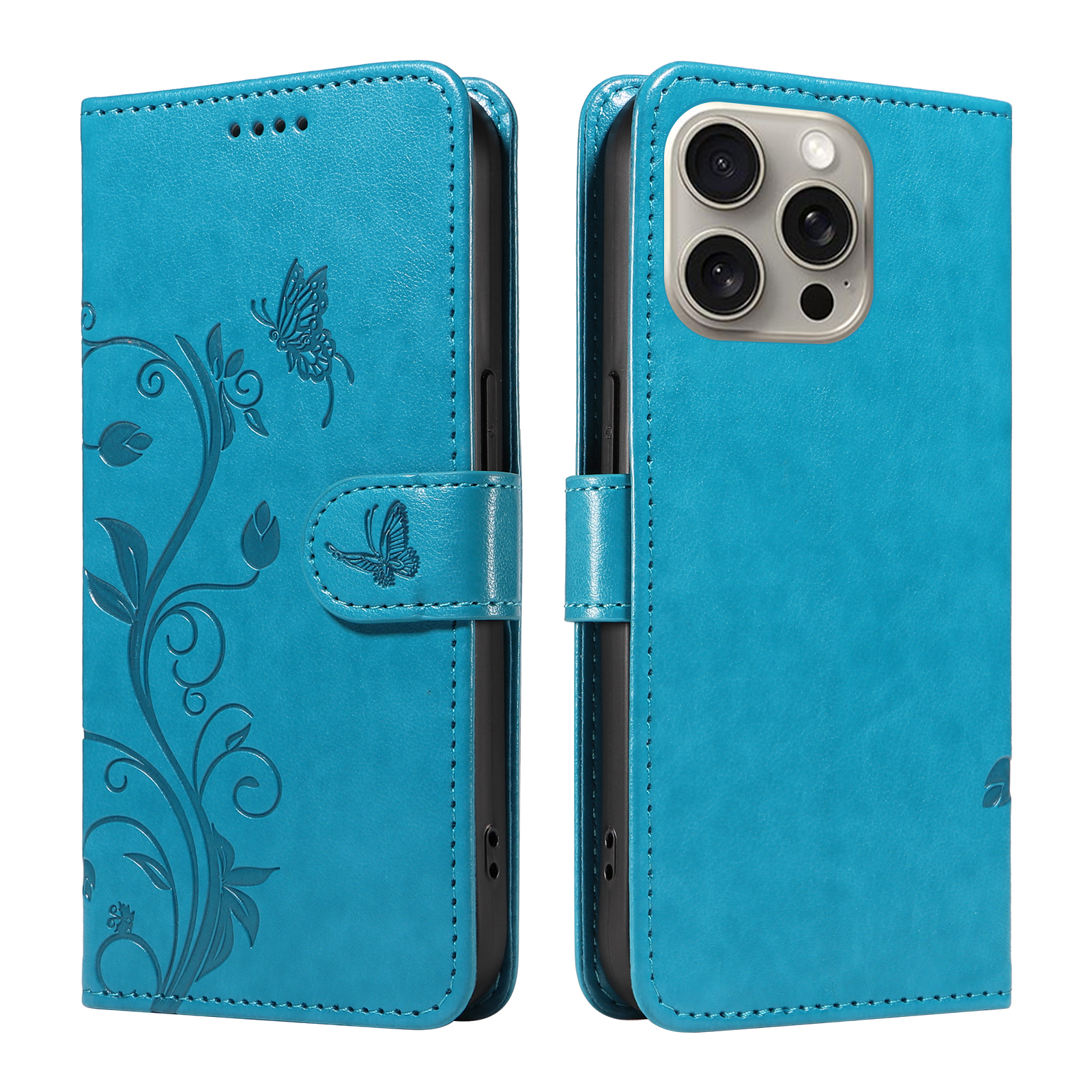For iPhone 15 Pro Max PU Leather Cases Flower Pattern Wallet Stand Phone Cover with Strap - Blue