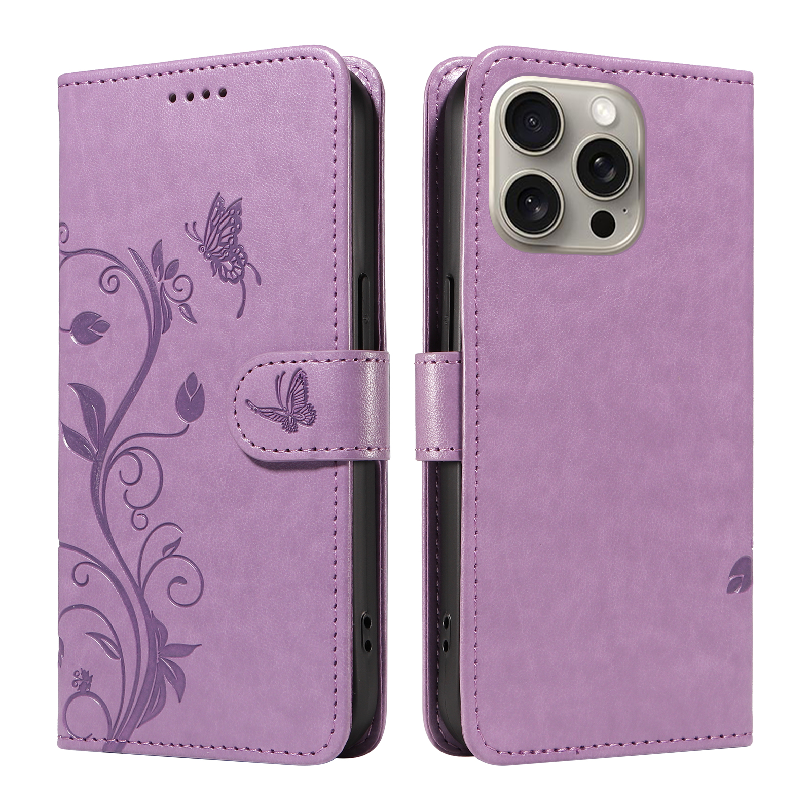 For iPhone 15 Pro Max PU Leather Cases Flower Pattern Wallet Stand Phone Cover with Strap - Light Purple