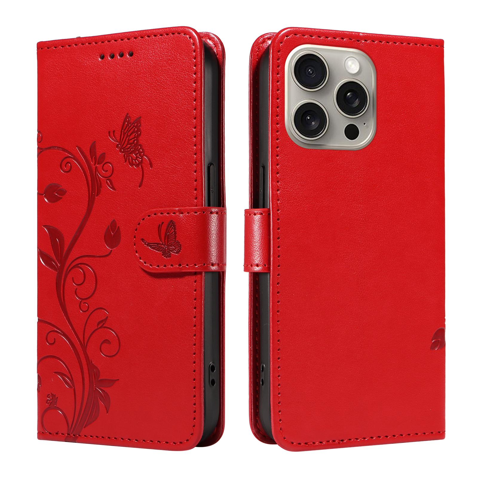 For iPhone 15 Pro Max PU Leather Cases Flower Pattern Wallet Stand Phone Cover with Strap - Red