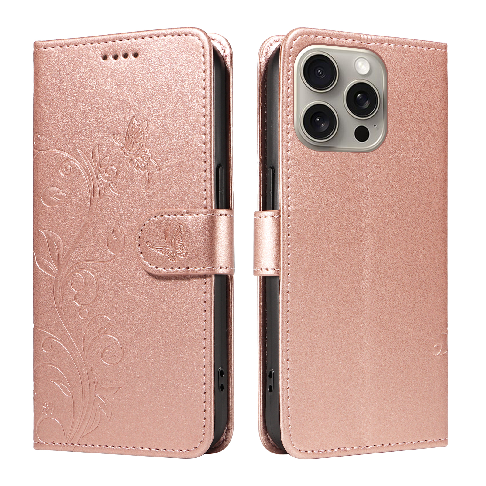 For iPhone 15 Pro Max PU Leather Cases Flower Pattern Wallet Stand Phone Cover with Strap - Rose Gold