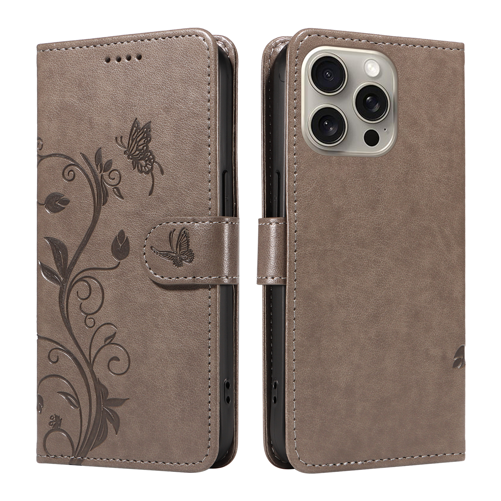 For iPhone 15 Pro Max PU Leather Cases Flower Pattern Wallet Stand Phone Cover with Strap - Grey