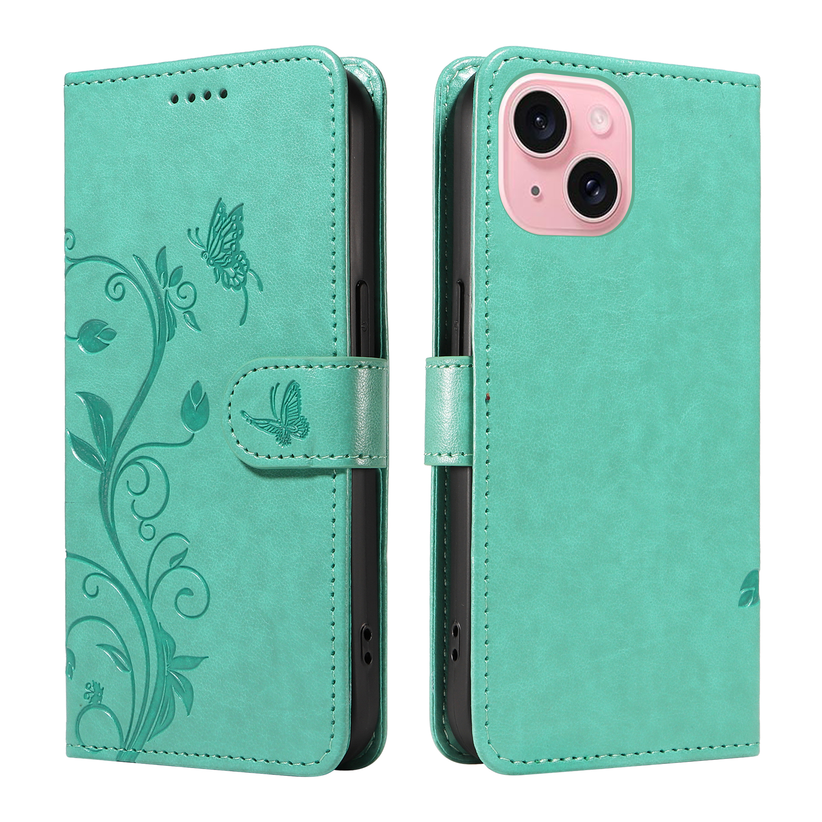 For iPhone 15 PU Leather Cases Flower Pattern Wallet Stand Phone Cover with Strap - Green