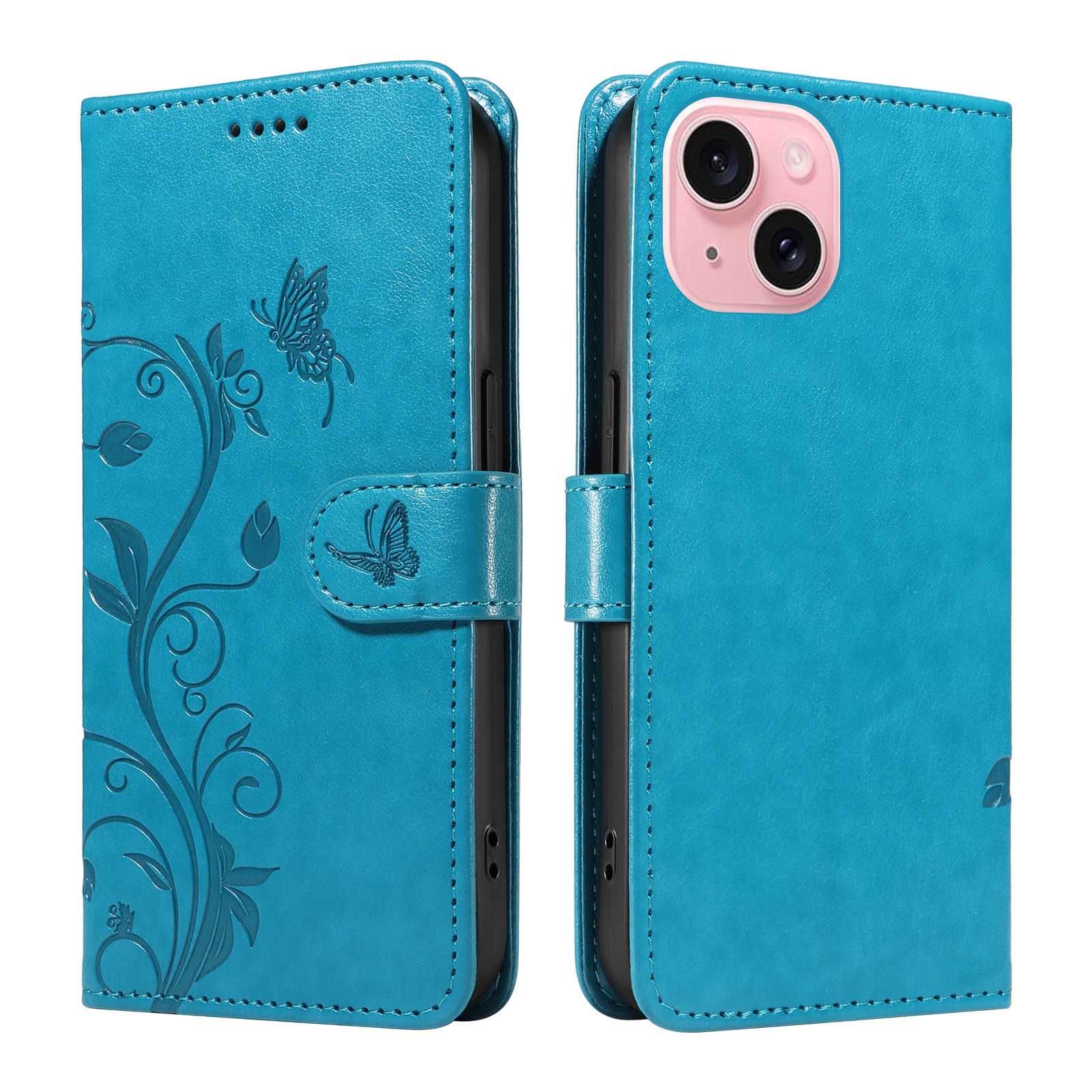 For iPhone 15 PU Leather Cases Flower Pattern Wallet Stand Phone Cover with Strap - Blue