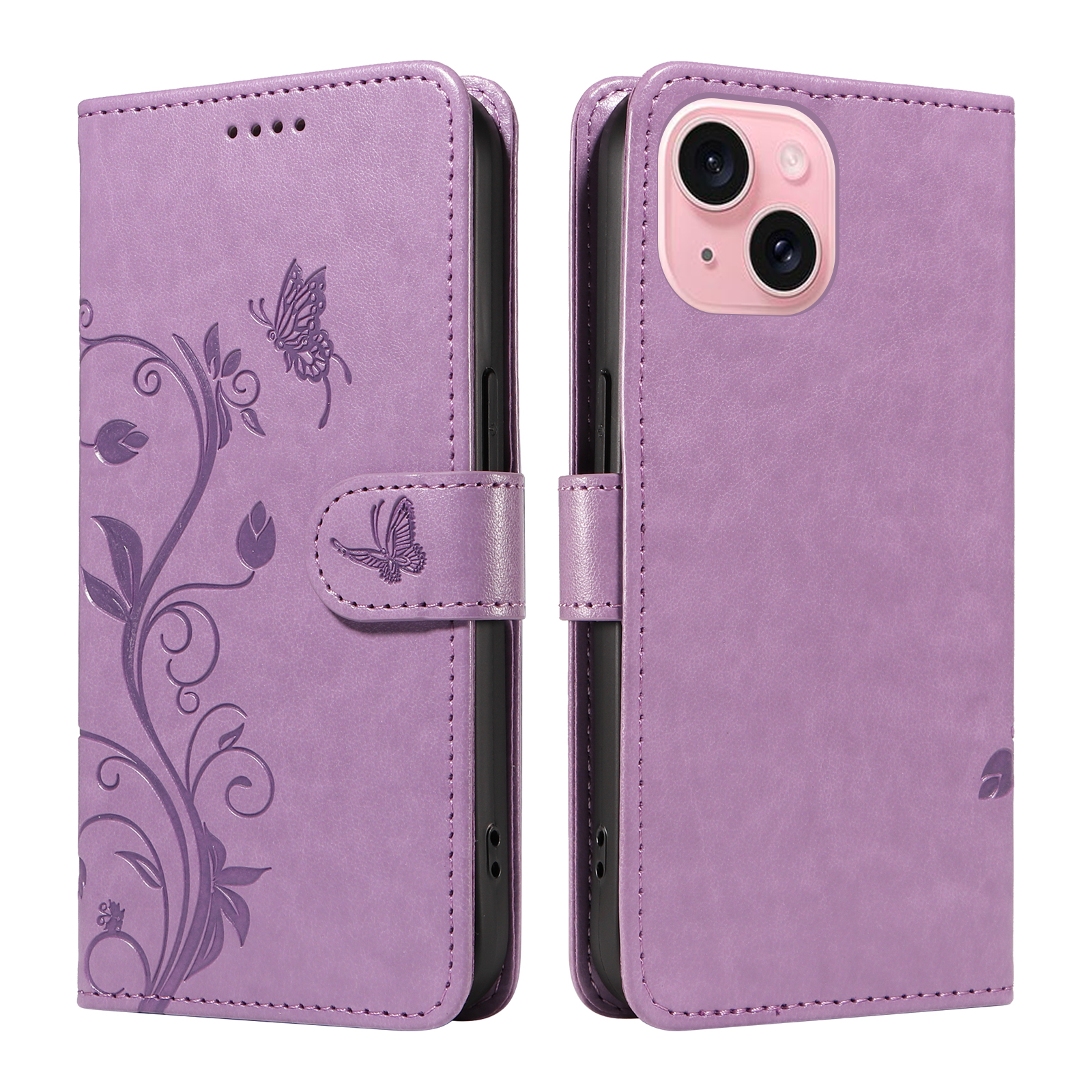 For iPhone 15 PU Leather Cases Flower Pattern Wallet Stand Phone Cover with Strap - Light Purple