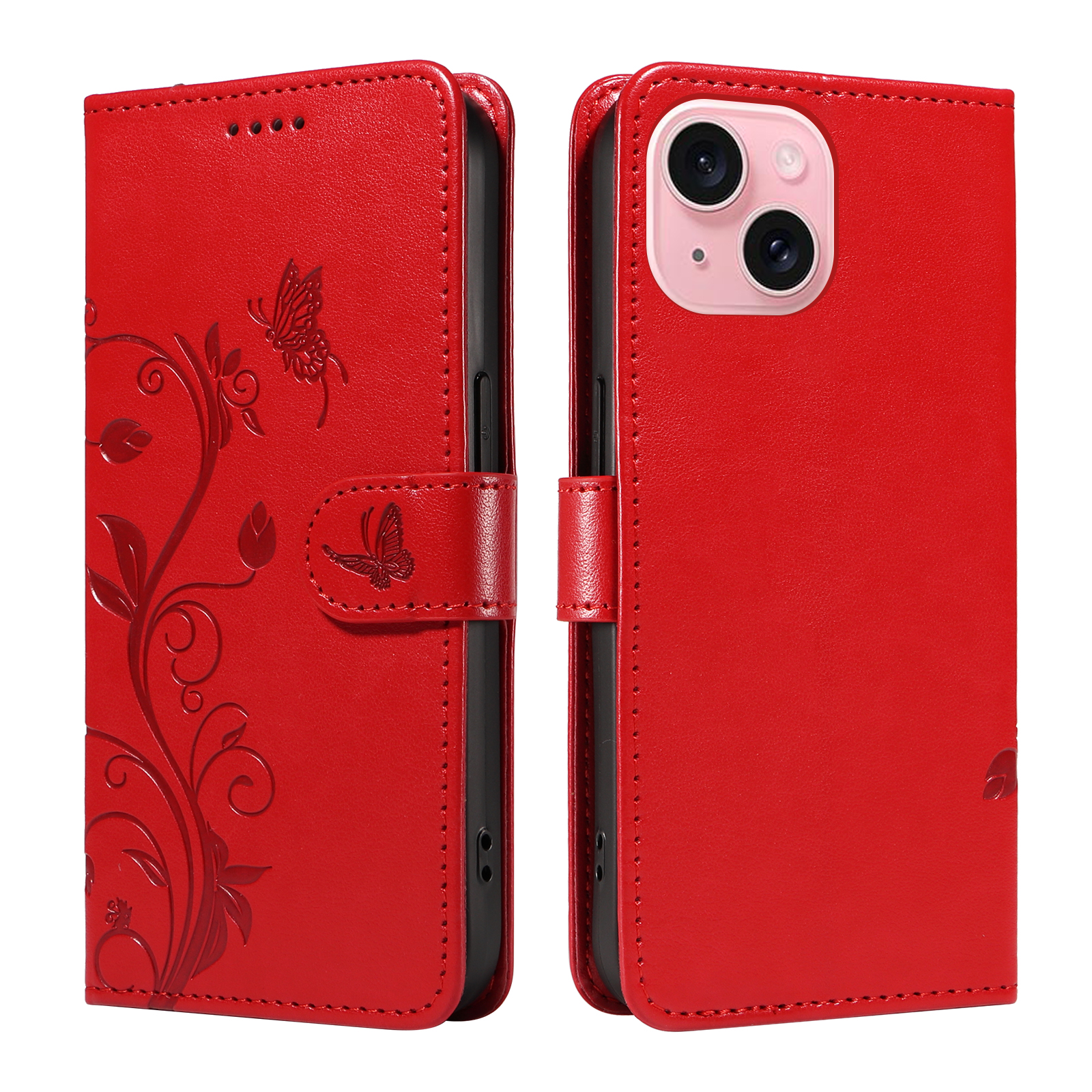 For iPhone 15 PU Leather Cases Flower Pattern Wallet Stand Phone Cover with Strap - Red