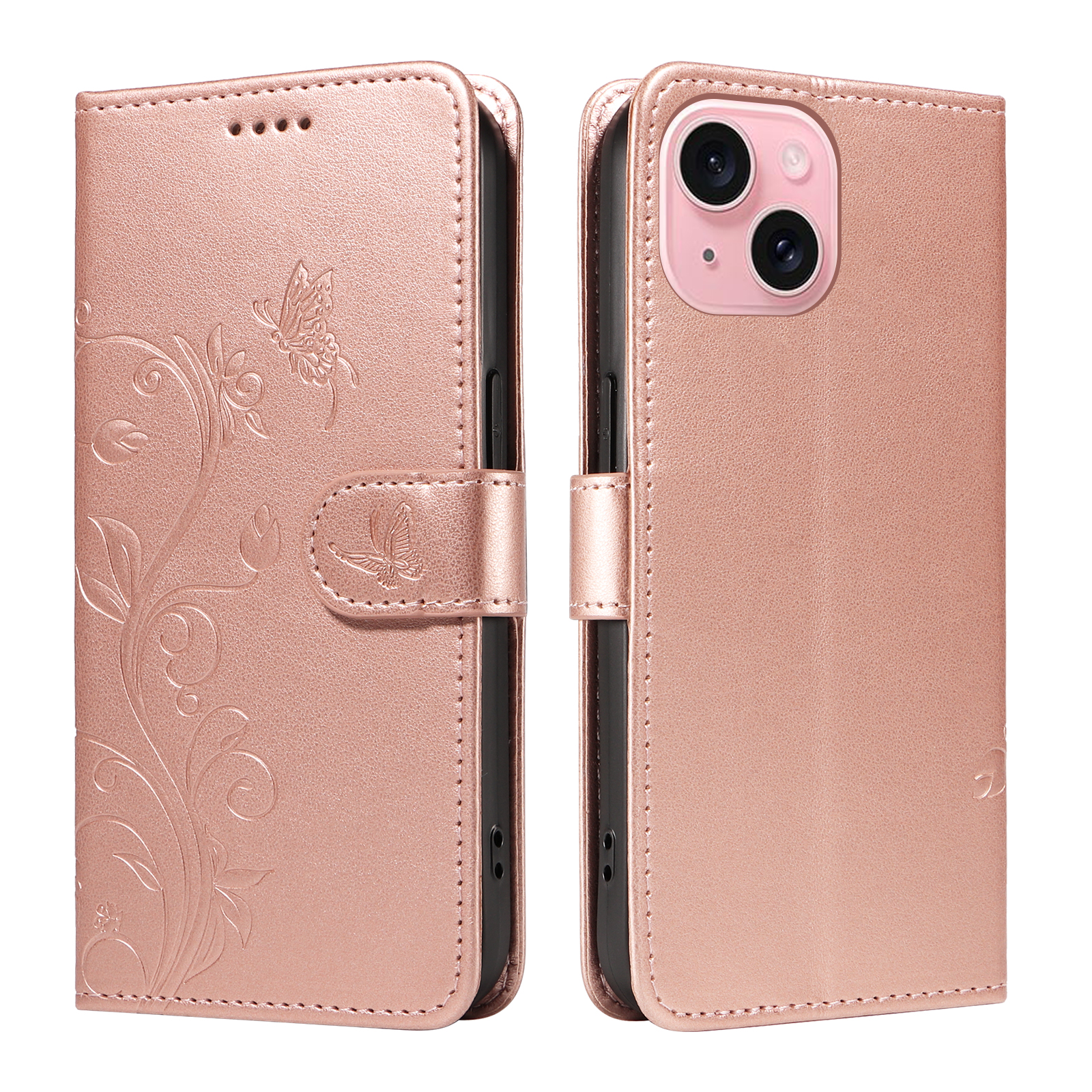For iPhone 15 PU Leather Cases Flower Pattern Wallet Stand Phone Cover with Strap - Rose Gold