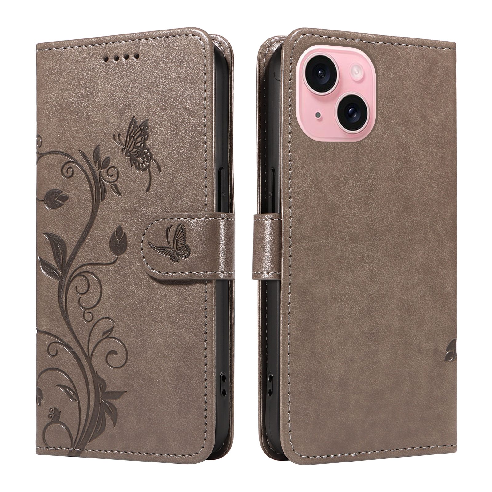 For iPhone 15 PU Leather Cases Flower Pattern Wallet Stand Phone Cover with Strap - Grey