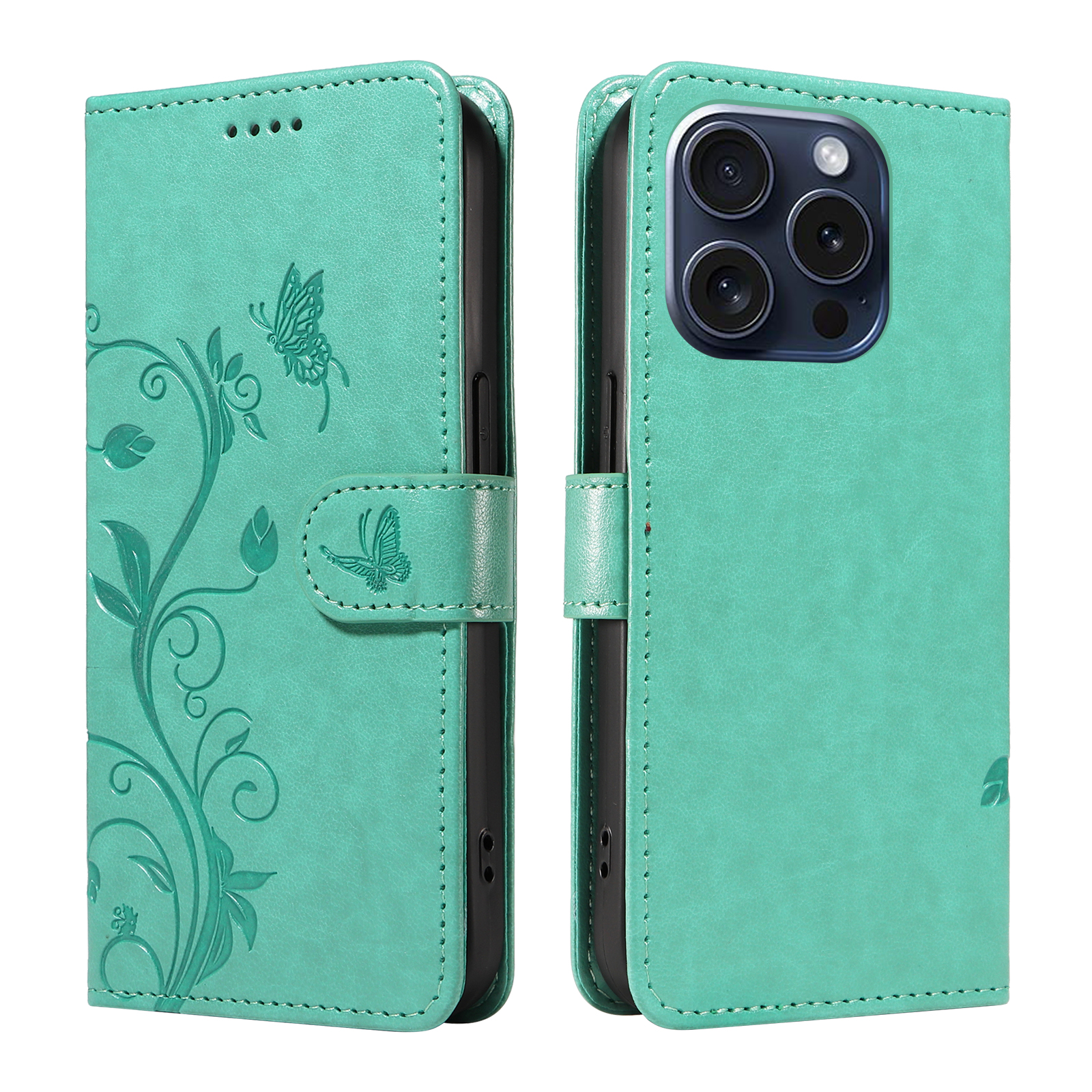 For iPhone 15 Pro PU Leather Cases Flower Pattern Wallet Stand Phone Cover with Strap - Green