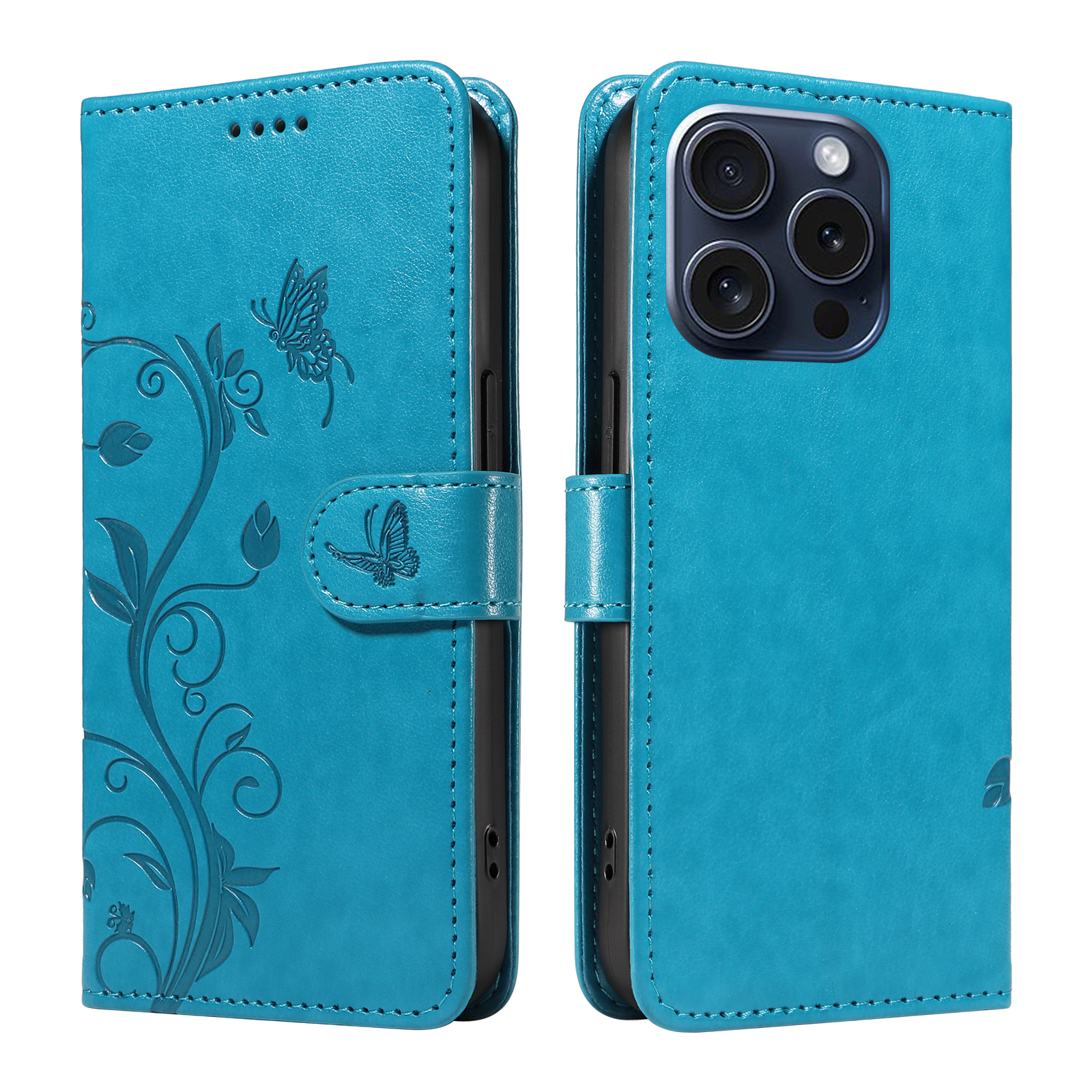 For iPhone 15 Pro PU Leather Cases Flower Pattern Wallet Stand Phone Cover with Strap - Blue