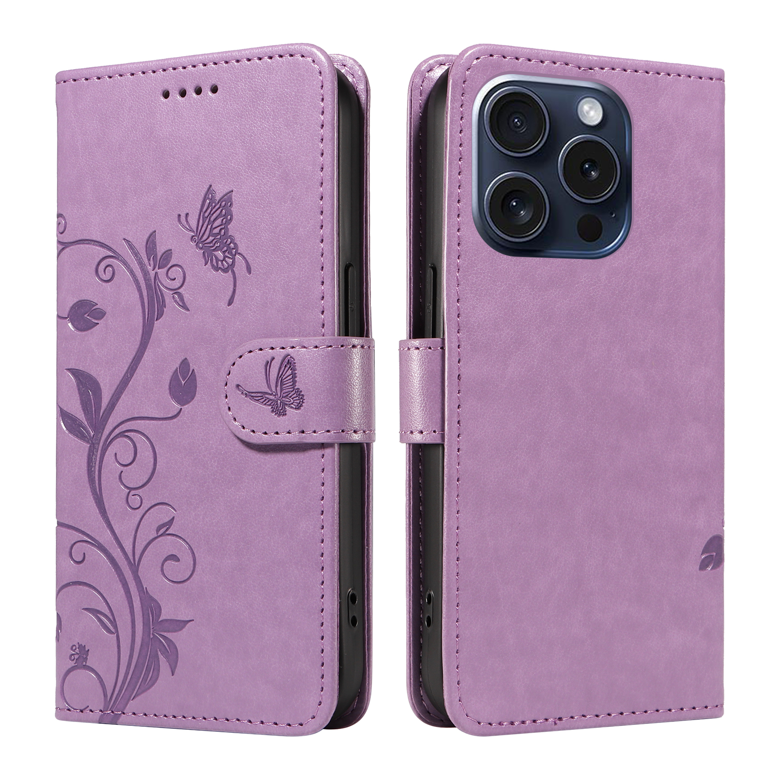 For iPhone 15 Pro PU Leather Cases Flower Pattern Wallet Stand Phone Cover with Strap -  Light Purple