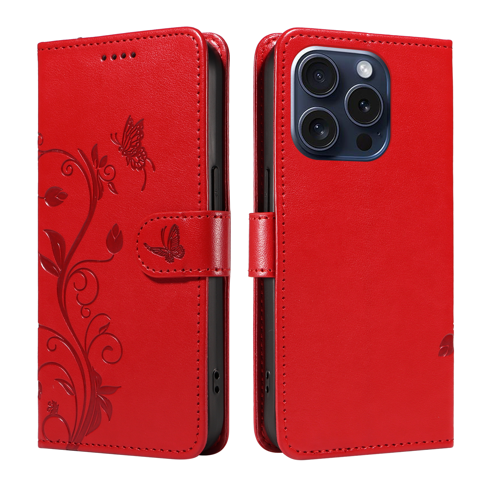 For iPhone 15 Pro PU Leather Cases Flower Pattern Wallet Stand Phone Cover with Strap - Red